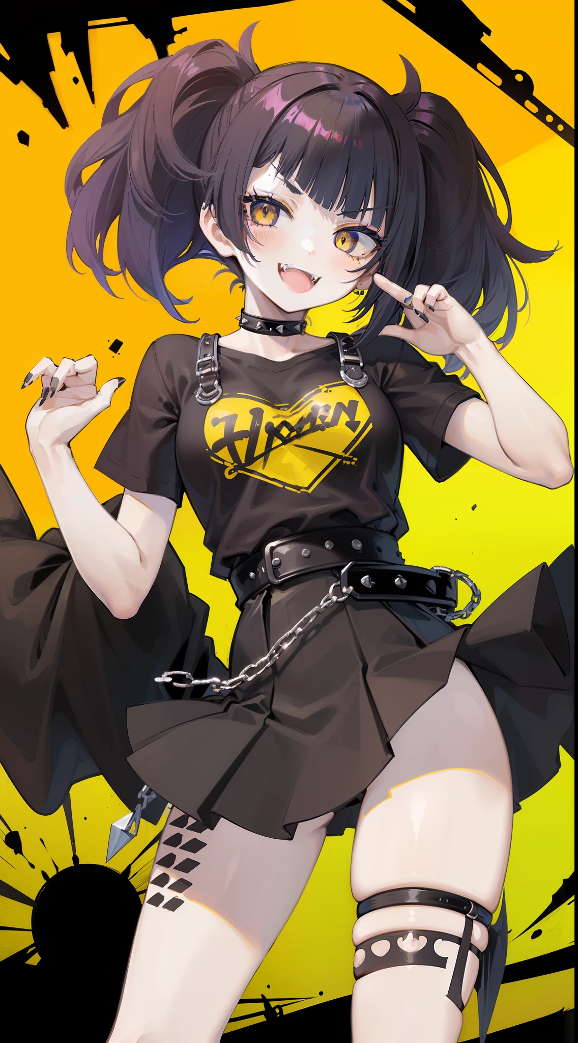 masterpiece, best quality, high quality, 1 girl, solo, Broadly Smiling, Open Mouth, Fangs Out, huge Breasts, Blush Eyeshadow, vivid blue hair, ((Medium short hair)), ((messy Hair)), (Short hair), (((Unkempt hair))), ((big sized short twin tails)), ((diagonal bangs)), Yellow eyes, slant eyes, ((thick eyebrows)), fangs, (((Spiteful smile, smirk, fangs))), ((black short sleeve cutter shirt)), black pleated short skirt, spike choker, spike leg ring, black shoes, yellow belt, black finger nail, nail art, spiked hair ornaments,  tattoos on the arm, tattoos on the leg,  highly detailed fine art, (finely detailed beautiful eyes and detailed face), delicate depiction of facial features, detailed metal jewelry, sharp outline, Best Quality, masterpiece, Brilliant Colorful Paintings, yellow background