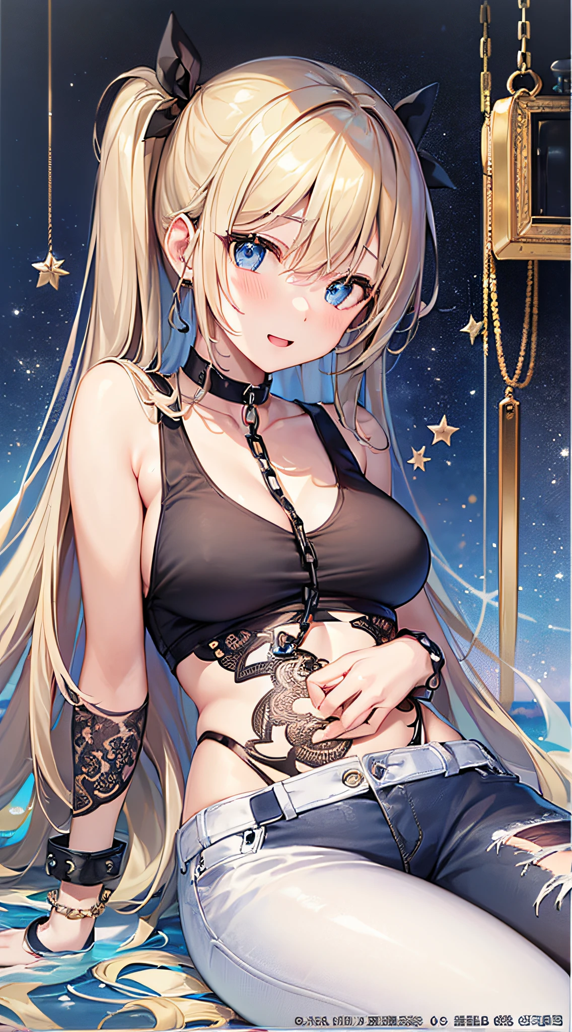 top-quality、Top image quality、​masterpiece、girl with((18year old、右肩に♡のタトゥー、Black Navel Tank Top、White pants、Best Bust、Bust 85、a blond、poneyTail、Blue eyes、open chest wide、Happiness、Chain Accessories、Black wristband on wrist、all-fours,A slender)）hiquality、visualart、Background with((Blue Room))、masutepiece