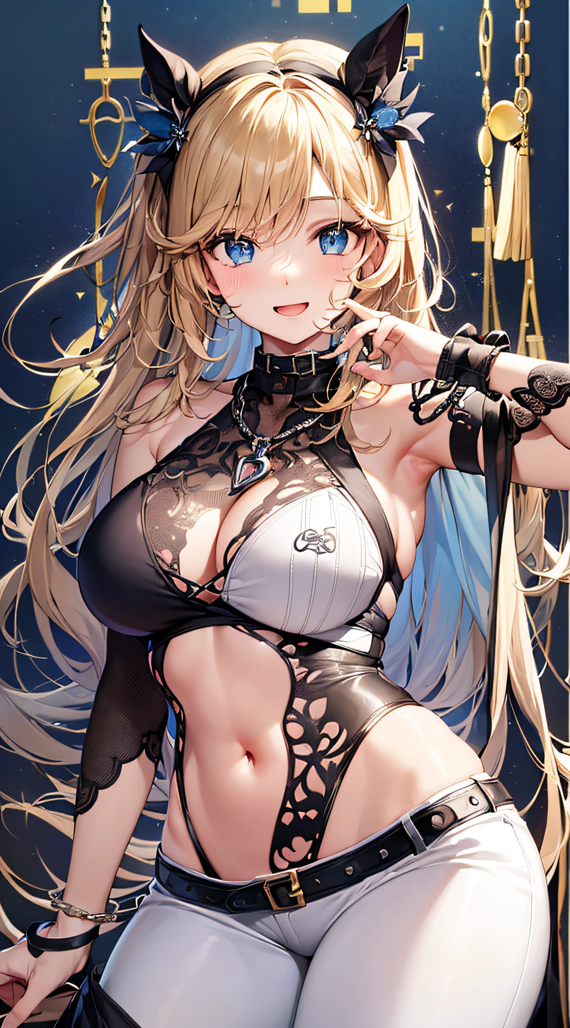 top-quality、Top image quality、​masterpiece、girl with((18year old、右肩に♡のタトゥー、Black Navel Tank Top、White pants、Best Bust、Bust 85、a blond、poneyTail、Blue eyes、open chest wide、Happiness、Chain Accessories、Black wristband on wrist、all-fours,A slender)）hiquality、visualart、Background with((Blue Room))、masutepiece