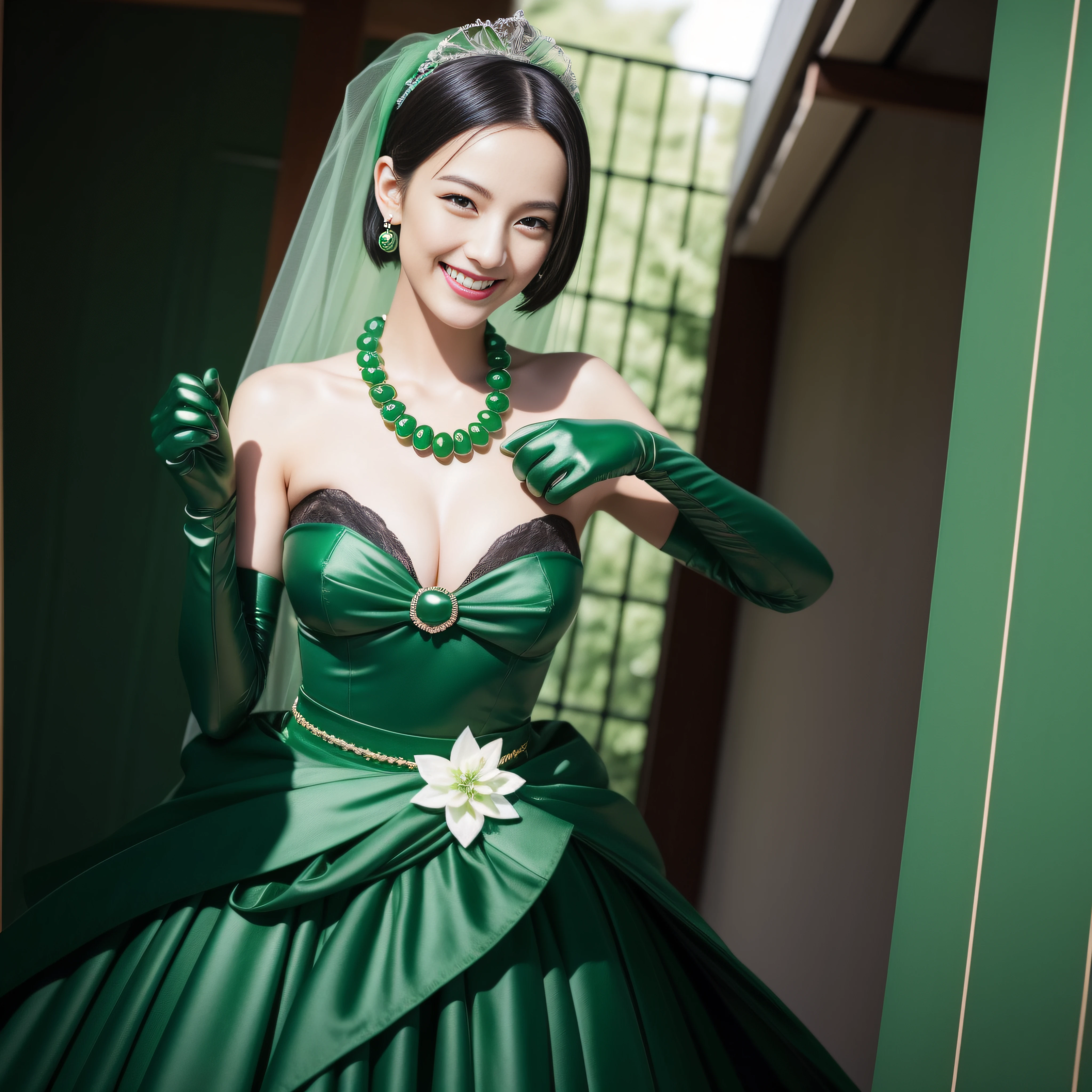 Boyish very short black hair, lipsticks, Japan woman smiling, Green Long Grove, Emerald Tia boyish very short black hair, lipsticks, Japan woman smiling, Satin green long gloves, Green Pearl Necklace, verd s eyes, Green eyes, Long green gloves made of satin material, beautiful, Green Bridal Veil, Green eyes, Emerald Earrings,emerald tiara