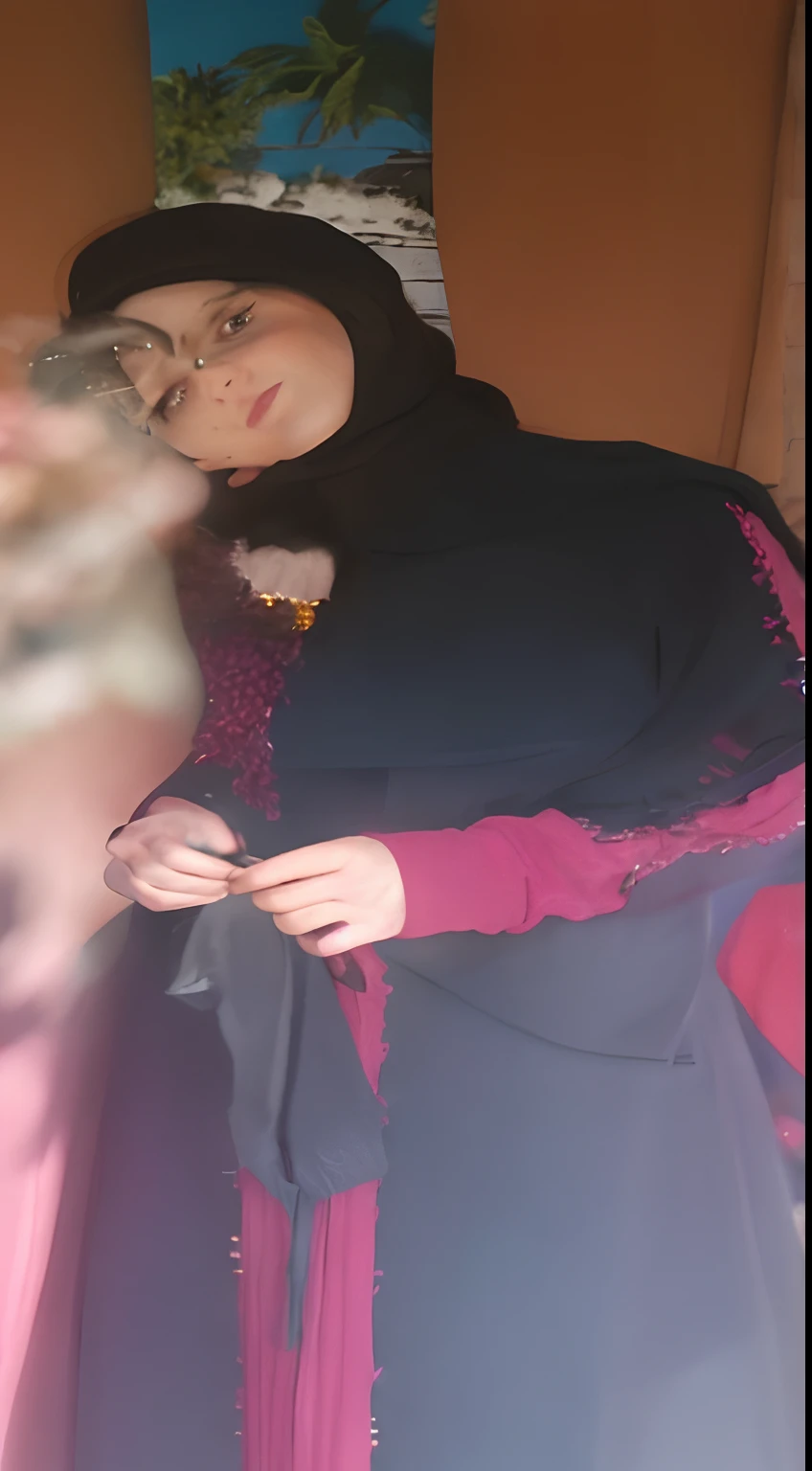 there is a woman sitting on a chair with a green scarf, draped in fleshy green and pink, inspired by Jean-Étienne Liotard, thicc, clothed non - nude portrait, inspired by Ambreen Butt, very very low quality picture, inspired by Maryam Hashemi, outfit photo, art in the style of terry moore, large thighs, Playing her vagina with a man's penis, fun seks, playing vagina with men, interesting a penis into her vagina woman hijabers