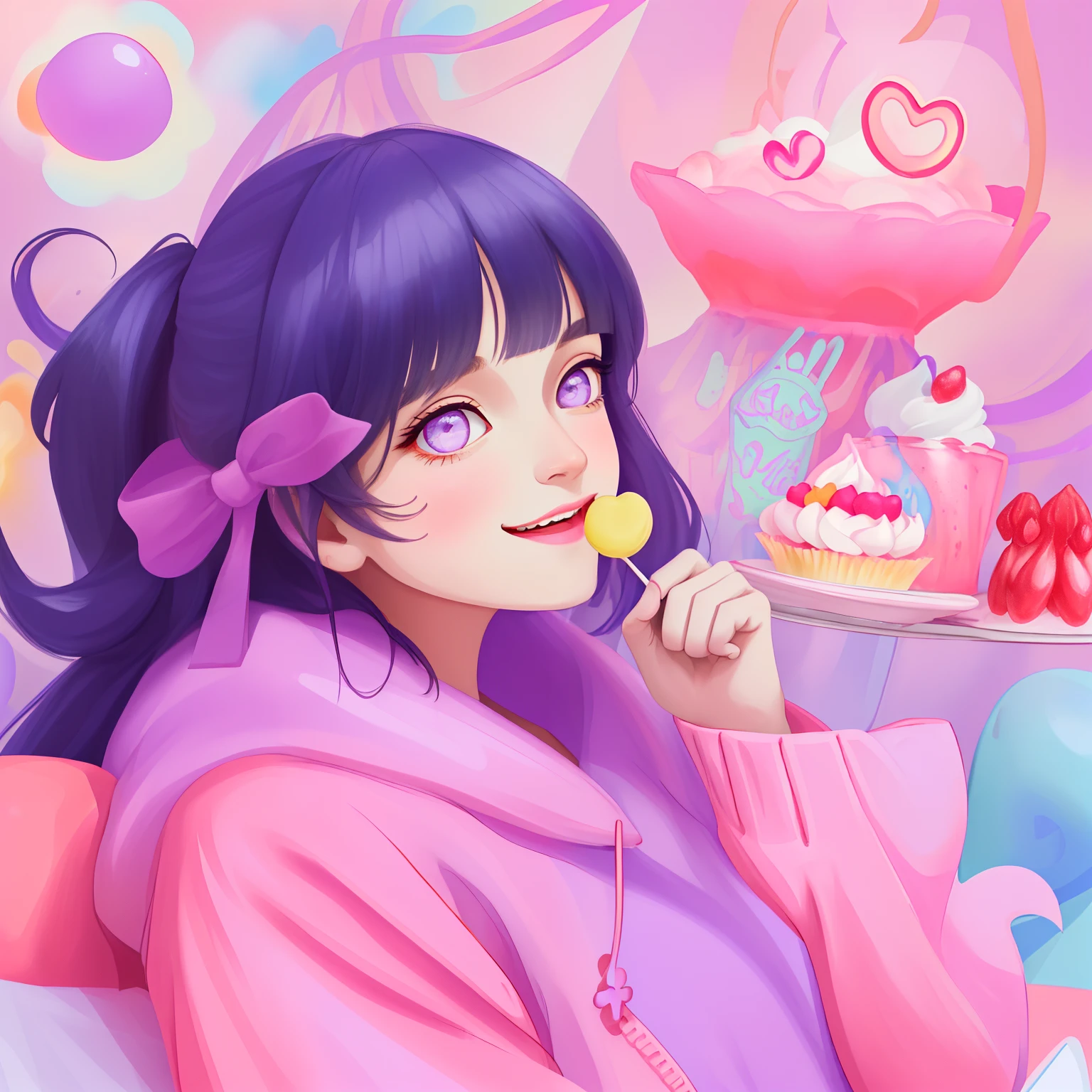 (A cute, Cartoonish dessert characters,Has minimal human characteristics): Sweet and lively face, Round and shiny eyes, Cute little mouth, Soft and soft body, extremely colorful,Vibrant appearance, adorable expression, The limbs are small and stout, Joy and joyful resonance, Naughty and mischievous personality, A little clumsy,But full of charm, A touch of magic and wonder, Surrounded by desserts and sugary treats, A whimsical dessert wonderland, Fill with sweets, chocolate bar, and pastries, Sugar-coated fantasy world, Land where calories don't count, A delicious adventure in dessert paradise, Bright colors and a joyous atmosphere, Sweet aroma, With marshmallow clouds and lollipop trees as background, A cheerful and seductive presence, A dessert companion,Bring a smile to everyone's face. (Best quality, High-res), A delightful blend of sweetness and cuteness, A masterpiece of confectionery art,Blunt Bangs, purple eyes, dark blue hair, Eye and heart care, Mesmerizing and coveted creations, Light up the dessert companion for any day.