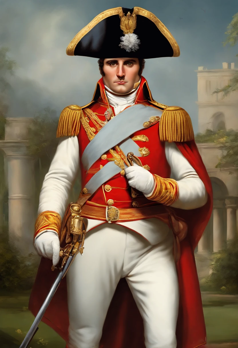 Develop an image of Napoleon Bonaparte in a cartoon style, with simplified and exaggerated strokes, representando-o com um olhar confiante e altivo.