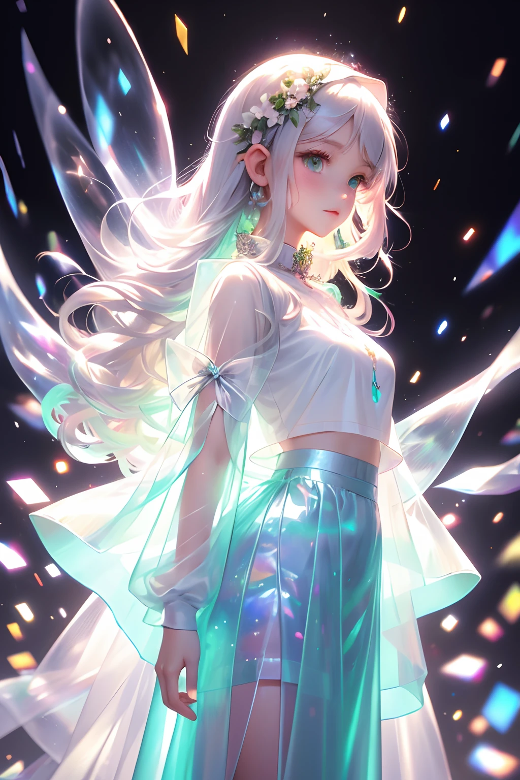 White long hair anime girl wearing white shirt and flower crown, Snow scene，a beautiful anime portrait,tmasterpiece， one-girl， Cloud Girl， Clouds， Colorful， Transparent body，Sparkling，full bodyesbian，long  skirt，White top，green long skirt，Transparent clothes，Elf wings，Red streamer