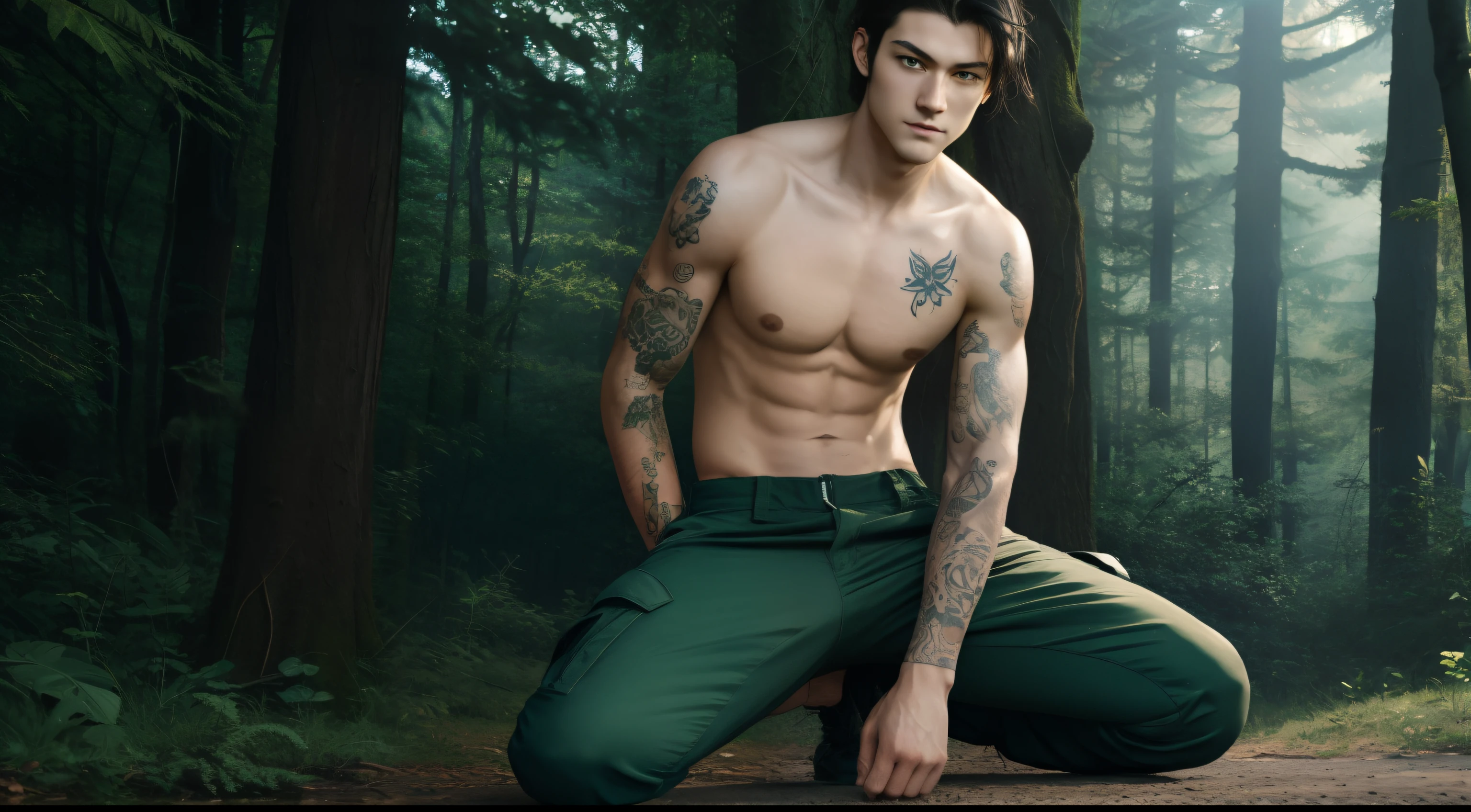 Anime, young male, forest, teenage, screensaver, caucassian masculine square face, green dark hair, cargo pants, , best quality, kneel, tattoo