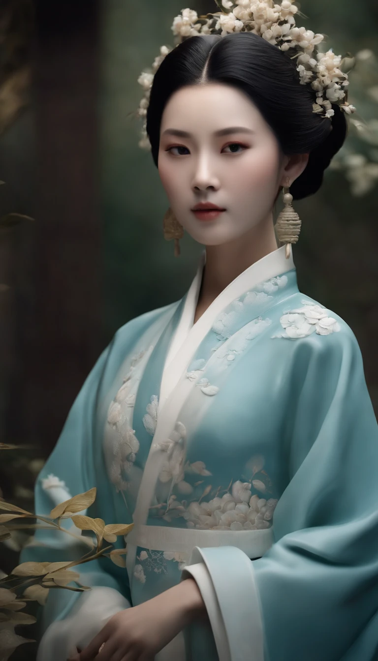 Sculpture of celadon textured girl in Hanfu，Smooth and shiny porcelain skin for girls，chinaware，Ancient Chinese porcelain style relief，Doubleexposure，Delayed exposure，Side lighting，Three-dimensional feeling，。.3D，Color scheme of blue and white porcelain，ancient wind，China-style，Mina，collection，ultraclear