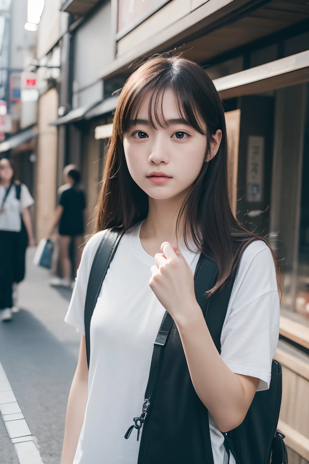 (8K、Raw photography、top-quality、masterpiece:1.2)、21-years old、japanes、1 girl in、Casual Fashion、A detailed face、A detailed eye、Detailed mouth、nogizaka、Standing in front of the sign、Carrying a backpack