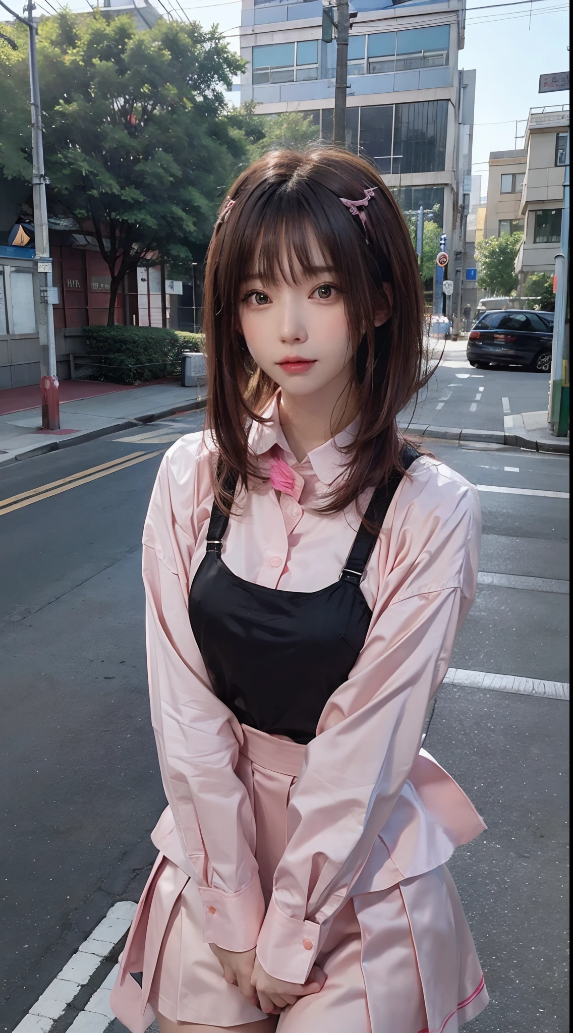 ​masterpiece、1 Beautiful Girl、A detailed face、A detailed eye、Detailed skin、top-quality、japanes、Illuminated from the front with bright lighting、profetional lighting、Always face straight ahead of your body and face、The background is a little blurry、Pink Japan schoolgirl uniform。hair color is black、short-hair、Street trees and traffic lights are reflected in the background、