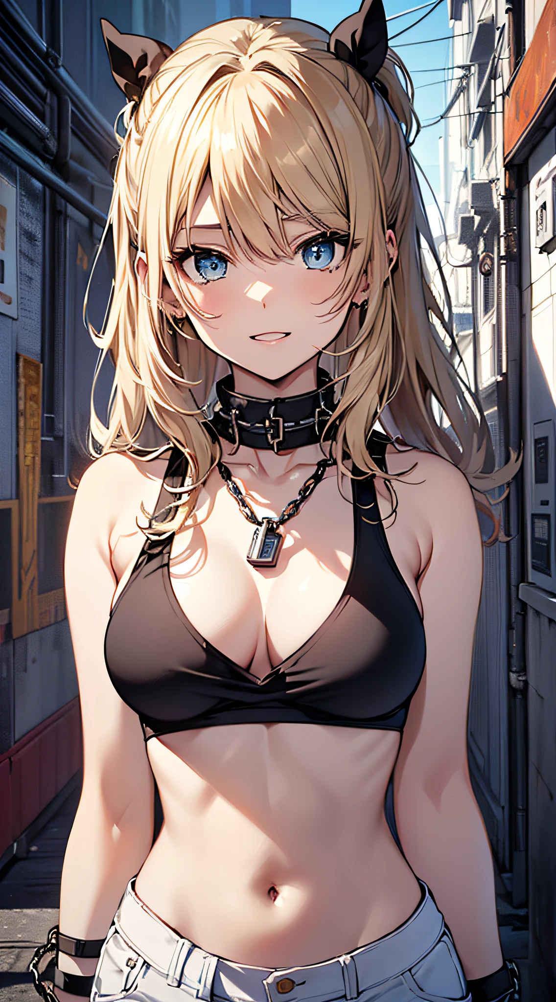 top-quality、Top image quality、masterpiece、girl with((18year old、右肩に♡のタトゥー、Black Navel Tank Top、White pants、Best Bust、Bust 85、a blond、poneyTail、Blue eyes、open chest wide、Happiness、Chain Accessories、Black wristband on wrist、all-fours,A slender))hiquality、visualart、Background with((Blue Room))、masutepiece
