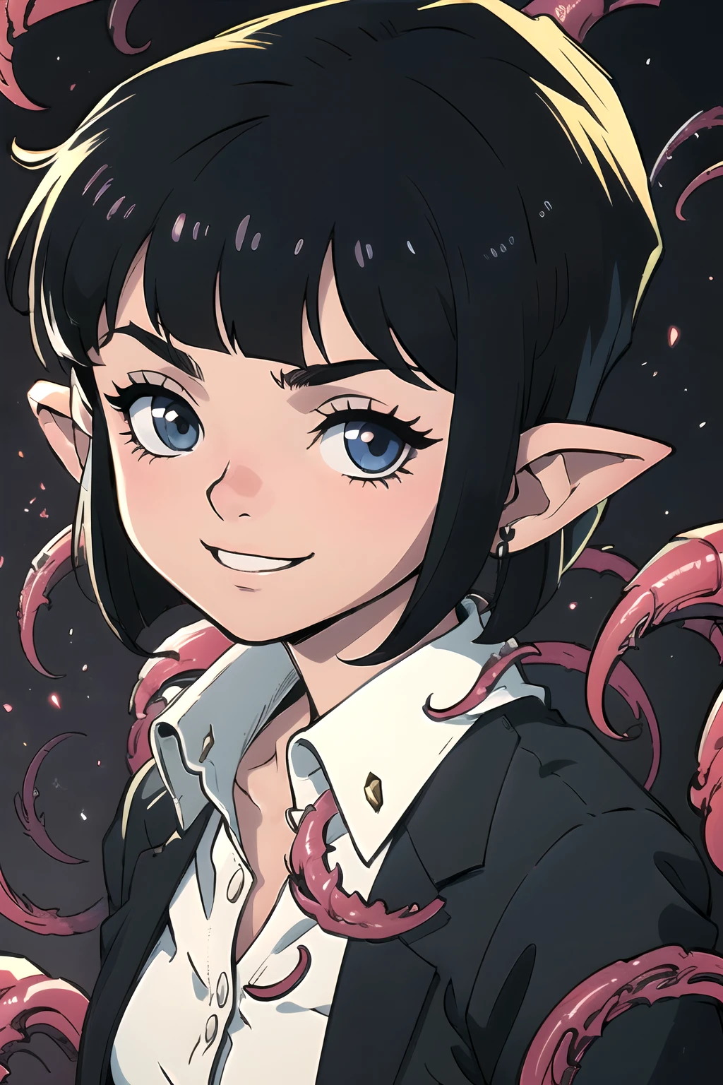 1girl, kajiyama_hiroshi, Face Close-up, POV, Upper body, evil smile, short bob, jet-blackhair, pointed ears, sexy costume, tentacles,