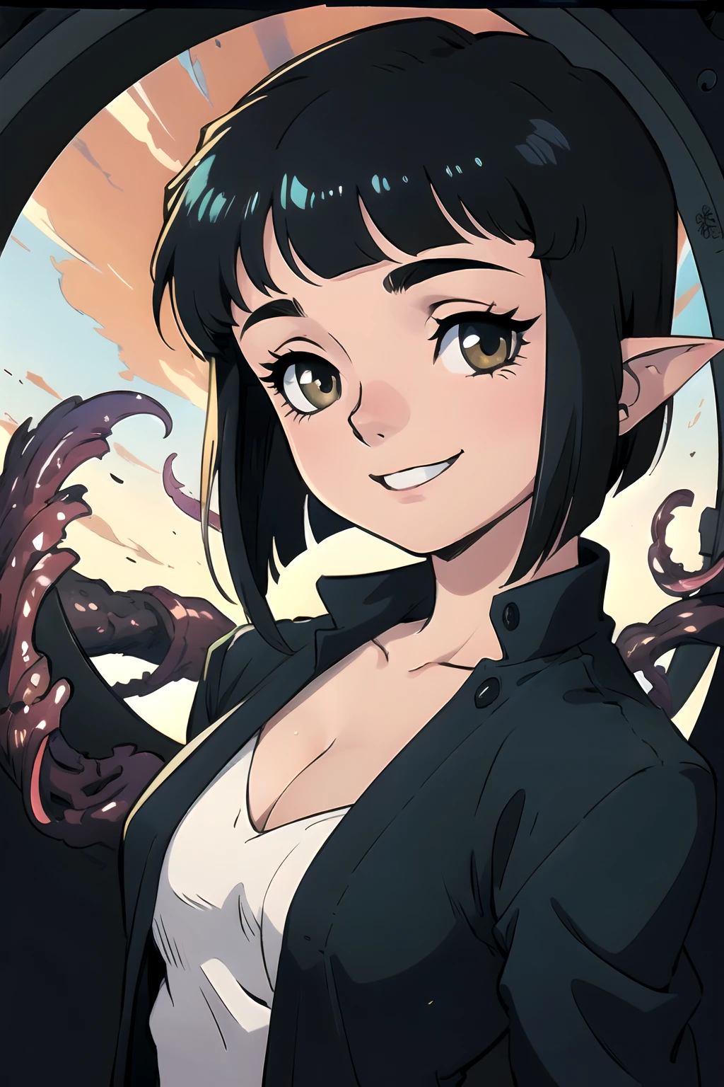 1girl, kajiyama_hiroshi, Face Close-up, POV, Upper body, evil smile, short bob, jet-blackhair, pointed ears, sexy costume, tentacles,