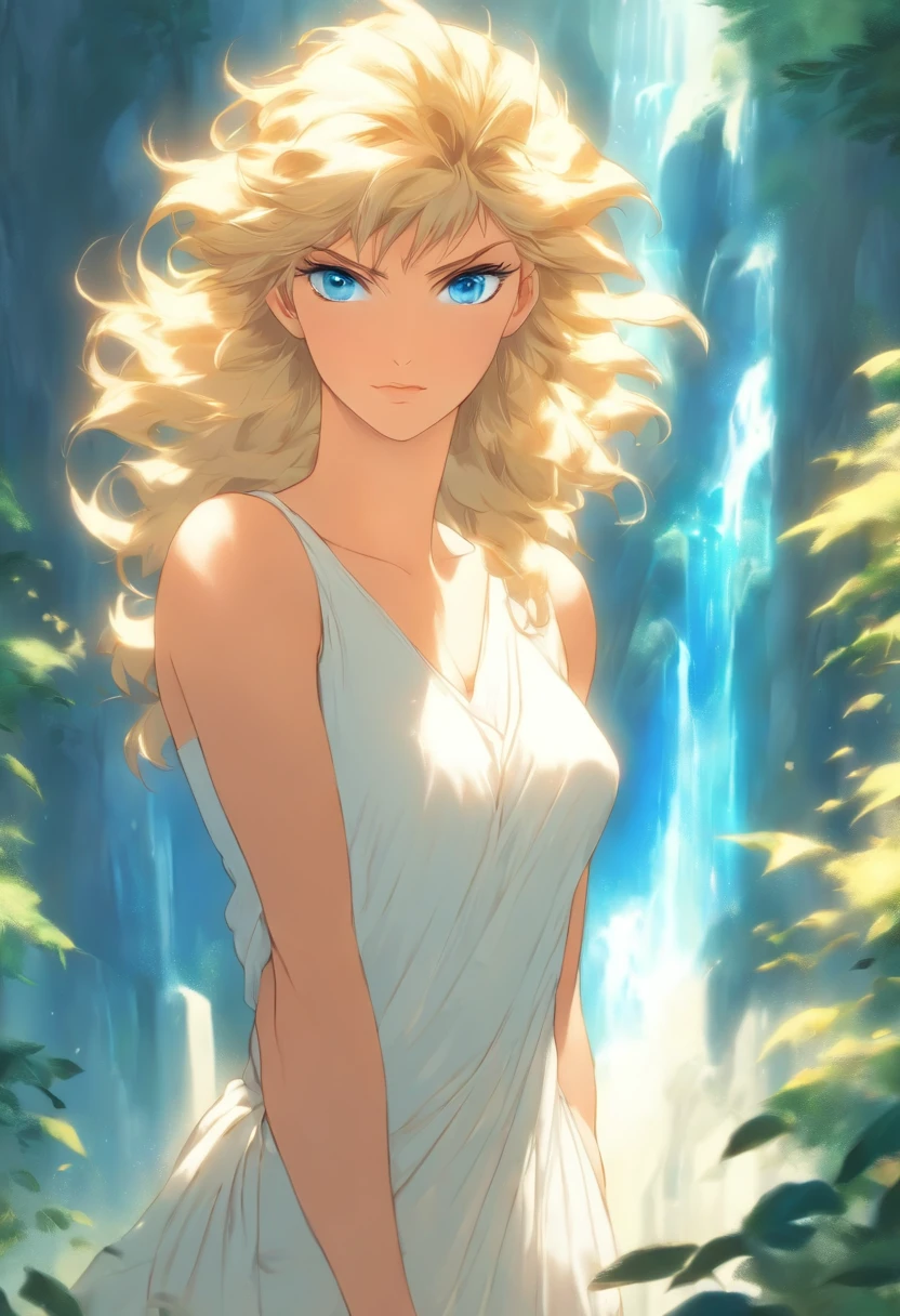 Young virgin Greek goddess of wild nature and hunting, with (((Blonde hair))) and (((Blue eyes))), Amazingly beautiful, with fair skin, Slender and tall, wears {Sleeveless, (Very short: 1.7), (White:1.5), Chiton, Greece, With gold border}, Abs, "Looks strict and firm", Fabulous Acadia mountains and forests, greek myth, Hyper-realism, Photorealistic, Super detail, 8K, Masterpiece