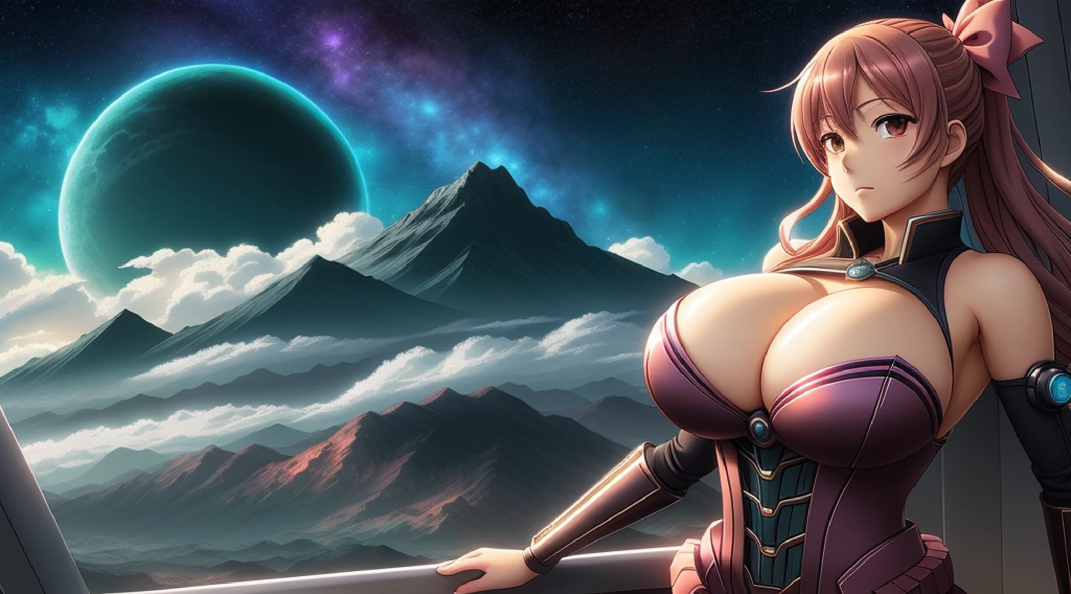 Anime character with brown dress and pink bow in room, oppai, with a big chest, Big breasts!!, Ecchi, oppai proportions, small curvy , biomechanical oppai, shikamimi, Big breasts!, with large breasts, nishimiya shouko, highly_Detailed!!, Ecchi anime style, けもの, Jupiter Cloud illustration by Dan Mumford、Alien landscape and vegetation、magnificent scene、Lots of swirling clouds、High exposure、A highly detailed、life-like、bright bluish color、UH