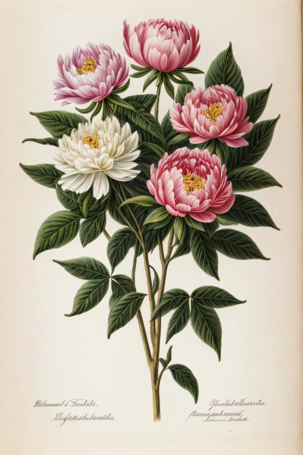 (best quality:1.2), (detailed:1.2), (masterpiece:1.2), vintage botanical illustrations of peonies (1770 1775) in high resolution by John Edwards