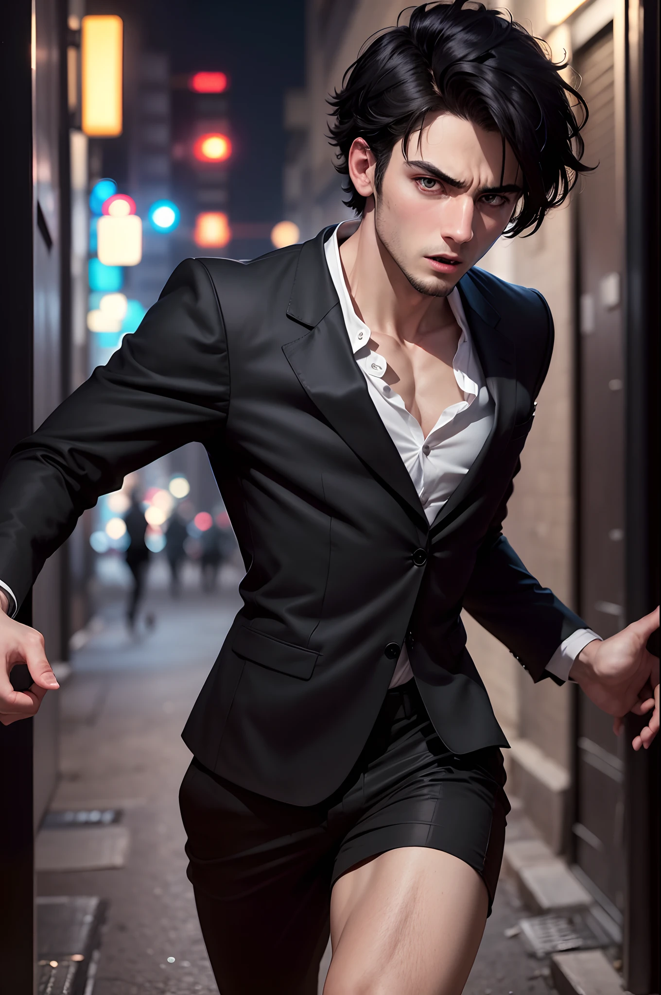 Realistic 8k image of a 25 year old man, short black hair, wearing a black blazer with a white blouse underneath, expression of fear, running in a narrow night alley, night scene