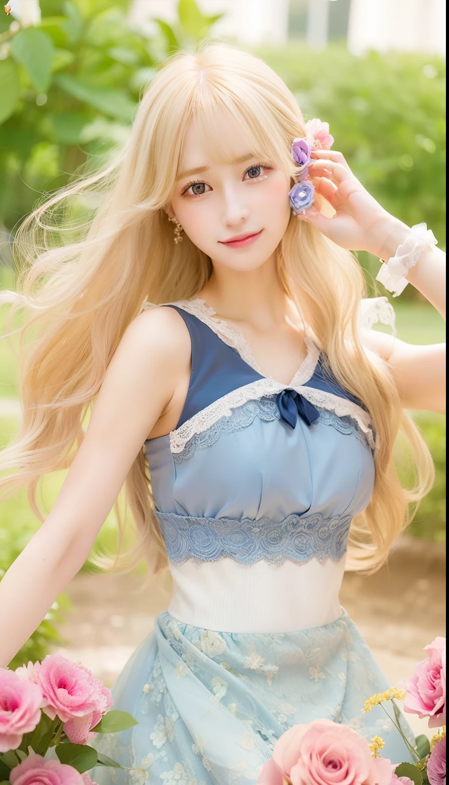 1girl, diana de alger obelia, manhwa, blonde hair, pink eyes not blue eyes or anything else!!, realistic, ultra detail, 70mm lens, smiles, hold the blue bird, dress pink, not cute but beautiful, and model Loose Curls hair.