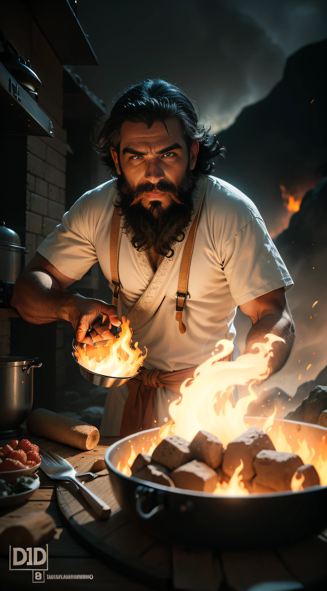 homem armado com barba cozinhando comida em uma grelha so redor pedras e sujeira, (fire), foto da vida real do homem venezuelano, fogo em chamas, Bedouin D&D retrato, fire behind him, ao ar livre debaixo da pinte, Directed by: Juan Carlos Stekelman, empunhando fogo, foto do perfil, foto de perfil 1024px, com fogo