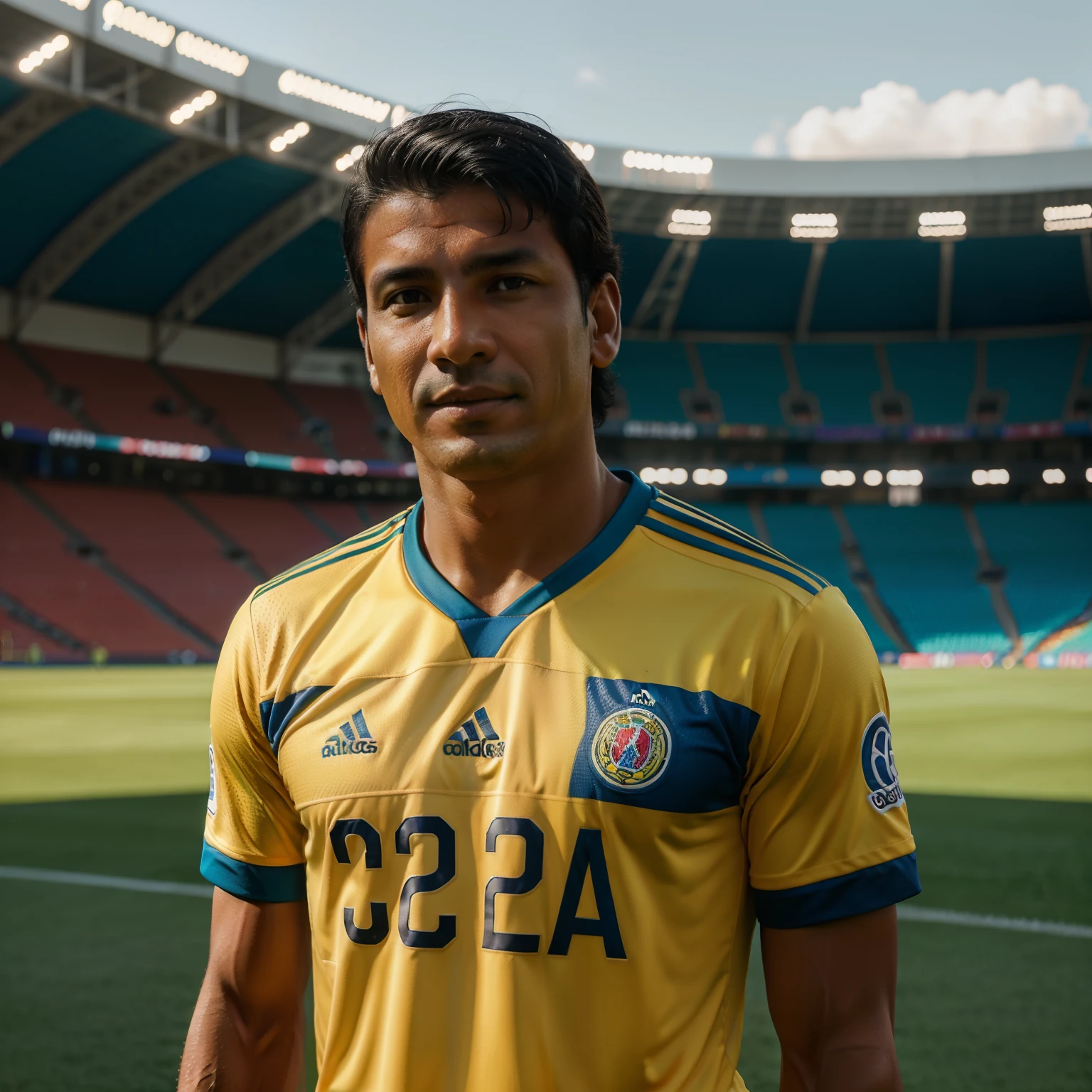 A medium photo of Andres Escobar in a Colombia shirt, a football field in the background looking into the camera, Realistic details, foto tirada com uma Nikon D850, perfeitamente iluminado, uma profundidade de campo rasa