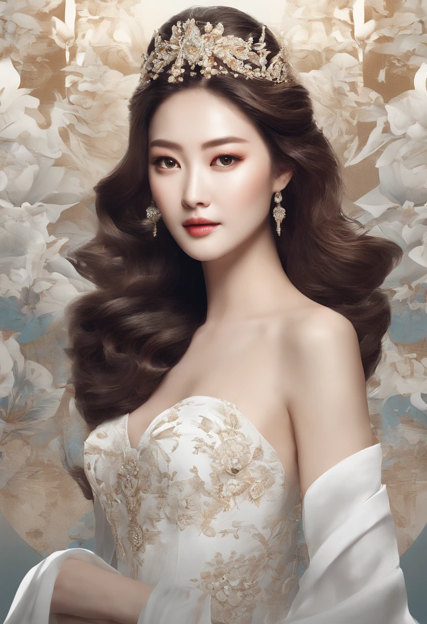 "An majestic, Ethereal goddess with voluminous brown hair, Asian Woman、Decorated with flowing white wedding dresses, Soar gracefully above the enchanting crowds, Show off her modeling abilities on epic runways."