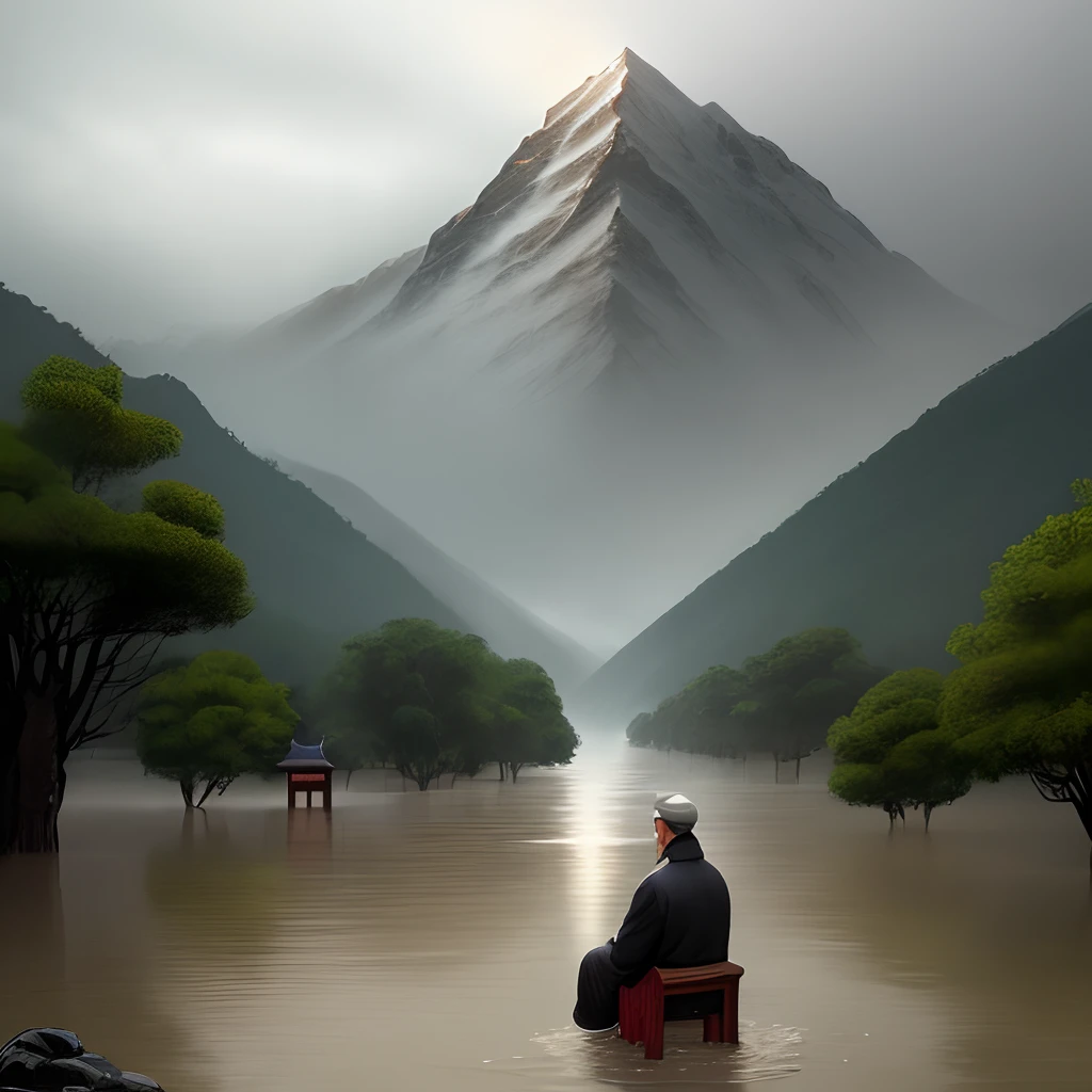 In ancient China, a middle-aged man with a solemn and dignified demeanor sat on the mountain, watching the flood and rain under the mountain