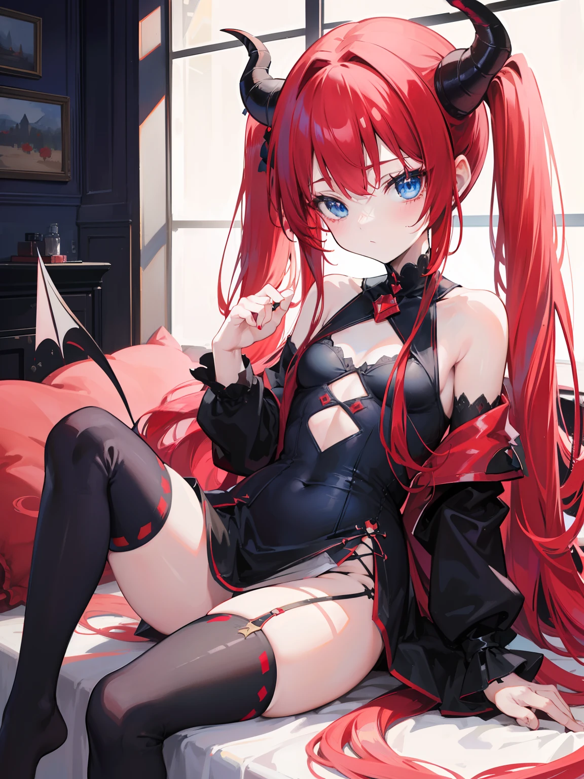 red hair,blue eyes,twintails, long hair, solo, , black stockings,{{best quality}}, {{masterpiece}}, {{ultra-detailed}}, {illustration}, {detailed light}, {an extremely delicate and beautiful},litte,Succubus, demon,horns