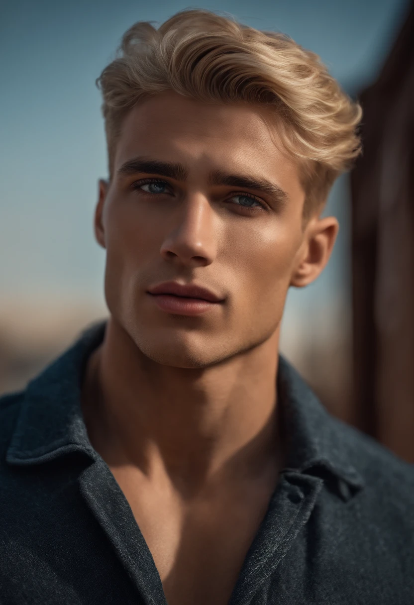 photography, male perfection, strong jawline, full lips, Roman nose, short blonde hair, hazel eyes, hyper realistic, 8k --v 4