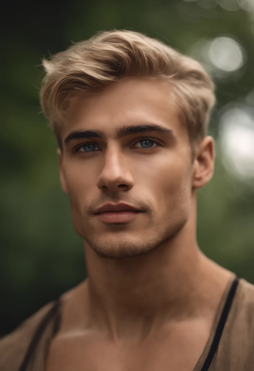 photography, male perfection, strong jawline, full lips, Roman nose, short blonde hair, hazel eyes, hyper realistic, 8k --v 4