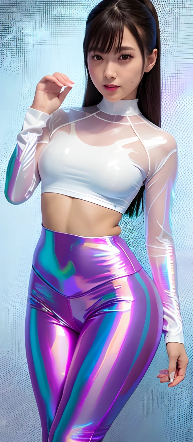 Angel Very beautiful and cute girl,
Beautiful detailed eyes, Detailed double eyelids,
(largeeyes:1.3),
Long straight brown hair, 
See-through bang,
Shiny hair, 
Sharp focus,
Drooping eyes
,(Lustrous transparent holographic full-body leggings:1.4),(Tights come in only one color:Glossy transparent hologram) , Ultra-tight clothing,walk
Small nose,
Small mouth, 
A blissful smile with teeth exposed ,standing,
((Best quality)),
RAW photo, 
超高分辨率, 
perfect  detail, 
professional photoshooting, (Beautiful detailed face and eyes:1.3), 
Professional lighting,Strong illumination of leggings,Lens flare,En plein air (RAW photo:1.2)，Pink latex jumpsuit，Hollow-out on，Holt collar, latex shiny,tight-fitting，sweat leggs，White liquid， Pink body, wearing atsuko kudo latex outfit, wearing tight suit, Smooth pink skin, catsuits, Wearing latex, shiny plastic, shiny metallic glossy skin, The color of pink glow, latex outfit, chrome bodysuit, cyberpunk glossy latex suit, Shiny, futuristic glossy latex suit　spread their legs　M-shaped legs　angry look　sullenness　Irritated，white liquid all over body，full bodyesbian