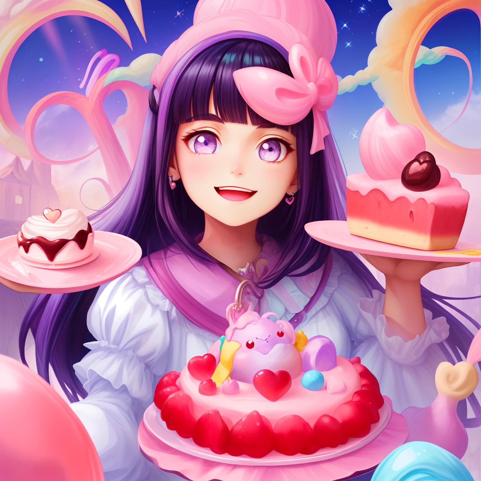 (A cute, Cartoonish dessert characters，Has minimal human characteristics): Sweet and lively face, Round and shiny eyes, Cute little mouth, Soft and soft body, extremely colorful，Vibrant appearance, adorable expression, The limbs are small and stout, Joy and joyful resonance, Naughty and mischievous personality, A little clumsy，But full of charm, A touch of magic and wonder, Surrounded by desserts and sugary treats, A whimsical dessert wonderland, Fill with sweets, chocolate bar, and pastries, Sugar-coated fantasy world, Land where calories don't count, A delicious adventure in dessert paradise, Bright colors and a joyous atmosphere, Sweet aroma, With marshmallow clouds and lollipop trees as background, A cheerful and seductive presence, A dessert companion，Bring a smile to everyone's face. (Best quality, High-res), A delightful blend of sweetness and cuteness, A masterpiece of confectionery art,Blunt Bangs, purple eyes, dark blue hair, Eye and heart care, Mesmerizing and coveted creations, Light up the dessert companion for any day.