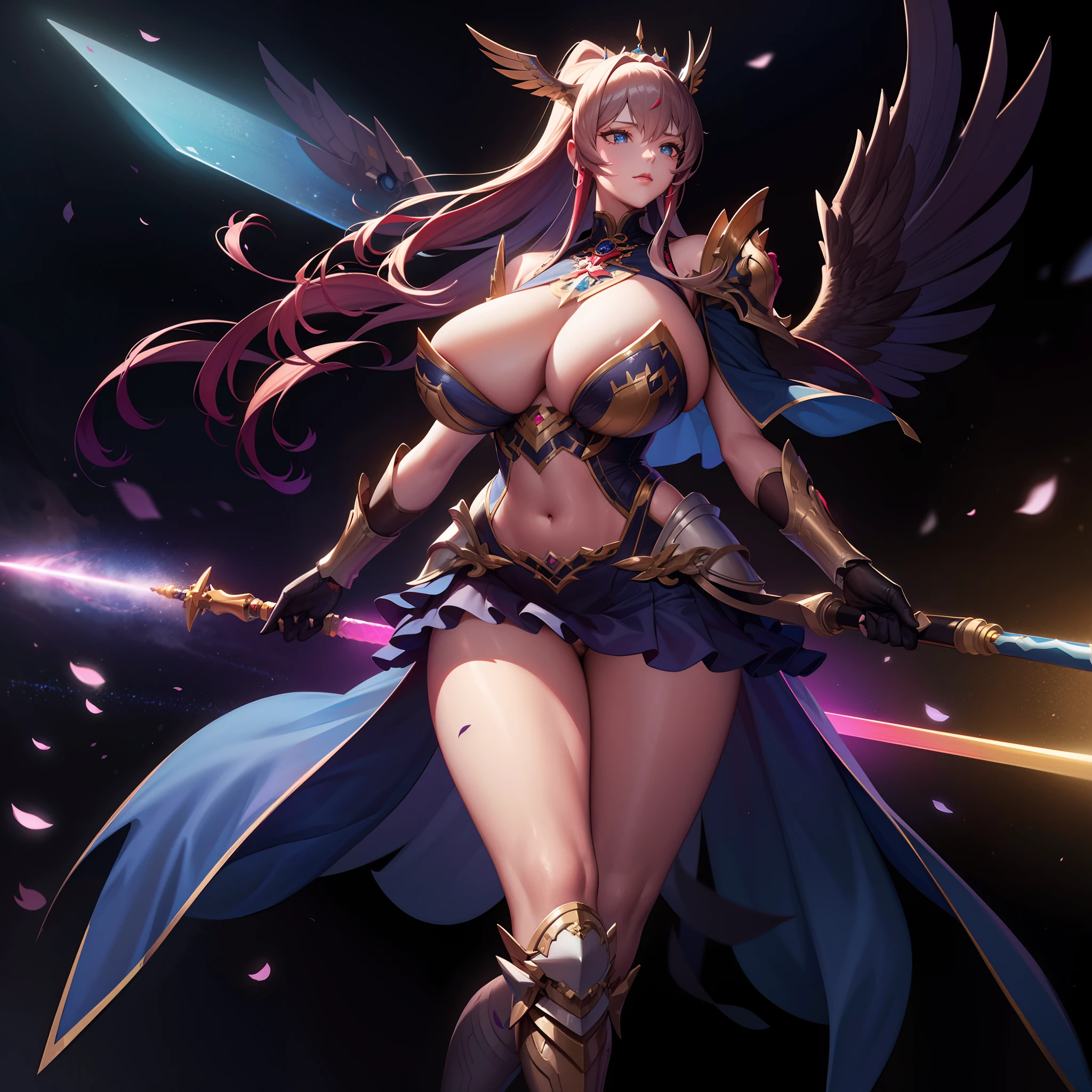 battlemech，（Blonde girl），(Huge ponytail),Glowing blue eyes，Blue Light Energy Longsword，Galactic，Mechanical and exquisite，（（Blonde Beauty））pubic detail，mech wings，elegent，Blue Mecha，Glowing blue-blue eyes，（Stocking Heels），land，Mechanical and exquisite，pubic detail，mech wings，elegent，The tree々，There are hands and feet，angled，angled，immensity，Wind，hazy，Mecha's eyes glow blue，Blue Mecha，Glowing blue-blue eyes，Holding the sword of delicate light energy，Skysky，Mechanical and exquisite，pubic detail，Huge mech wings，elegent，The tree々，There are hands and feet，angled，angled，immensity，baiyun，hazy，Mecha's eyes glow blue，pubic detail，Winds of the future，sacredness，Cavalier，battlemech，Glowing blue eyes，Blue Delicate Sniper Rifle，Skysky，Mechanical and exquisite，pubic detail，Huge mech wings，elegent，The tree々，There are hands and feet，angled，angled，immensity，baiyun，hazy，Mecha's eyes glow blue，pubic detail，Winds of the future，sacredness，Cavalier，the face is clear，Face wearing mask armor，masterpaintings，best qualtiy，offcial art，the Extremely Detailed CG Unity 8K Wallpapers，brightened light，（light particules，（Illustration）（Farbe）goodlooking，impeccable，（（Graphic Painting）），（Heavier stroke）），（bold lines），Highest image quality，masterpaintings，Filigree，long eyeslashes，（（（silhuette））），Very detailed background，tulips，Banana leaves，lilie，dew，Date palm flowers，Ryu，Light white off-the-shoulder dress，Mottled sunlight，（Close-up of people），（Simple and noisy々Right々Right々Right々Right々Right々Right々Right々Right々Right）（（Super best quality））， （（A very masterpiece））， （（super detailing：1.4））， （（hyper realistic lifelike 3d））， Dragon Warrior Girl， Mechanical body， Dynamic action poses in battle scenes， Mechanical weapons of very complex and heavy fighters， Off-the-shoulder fashion that blends dense and complex steampunk with dense gothic ta， Complex steampunk headgear， very thin long legs， Mechanical boots above the knee， Fluttering lace flared mini skirt， beautiful big breasts directed upwards，Somewhat long, Vertic