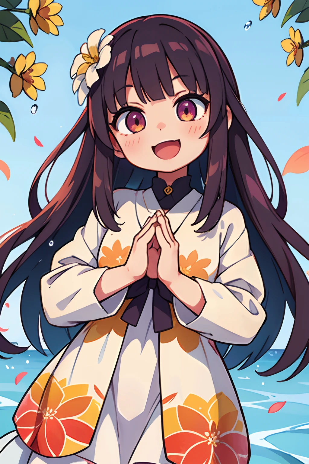Stand in front of the photo、Open mouth and big smile、Water droplets on the cheeks、Making a heart with both hands、Flowing iridescent silk、up of face、Eye Up、Colorcon with heart pattern、Floral dress、There are flowers even in front of you、flower petals、season!!: 夏天☀ 🍂