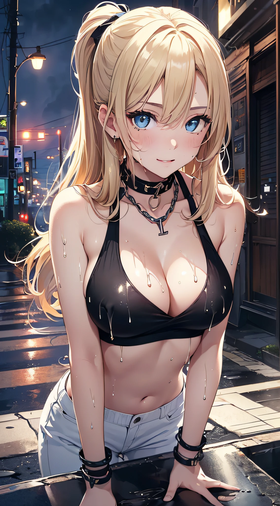 top-quality、Top image quality、masterpiece、girl with((18year old、右肩に♡のタトゥー、Black Navel Tank Top、White pants、Best Bust、Bust 85、a blond、poneyTail、Blue eyes、open chest wide、Happiness、Chain Accessories、Black wristband on wrist、all fours pose,A slender、whole body Dripping wet))hiquality、visualart、Background with((City at night、Sateen、lightning bolt))、masutepiece