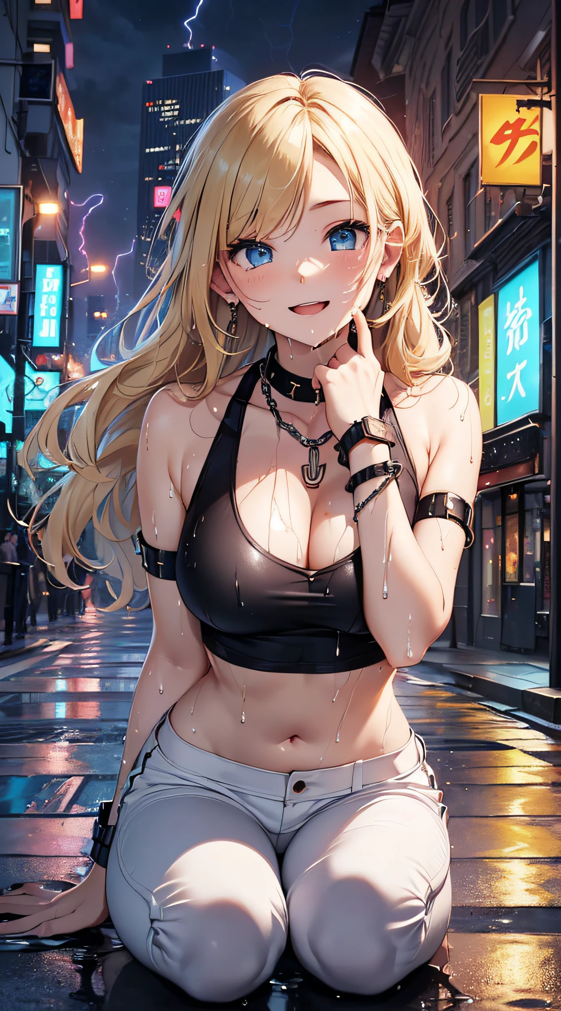 top-quality、Top image quality、​masterpiece、girl with((18year old、右肩に♡のタトゥー、Black Navel Tank Top、White pants、Best Bust、Bust 85、a blond、poneyTail、Blue eyes、open chest wide、Happiness、Chain Accessories、Black wristband on wrist、all fours pose,A slender、whole body Dripping wet)）hiquality、visualart、Background with((City at night、Sateen、lightning bolt))、masutepiece