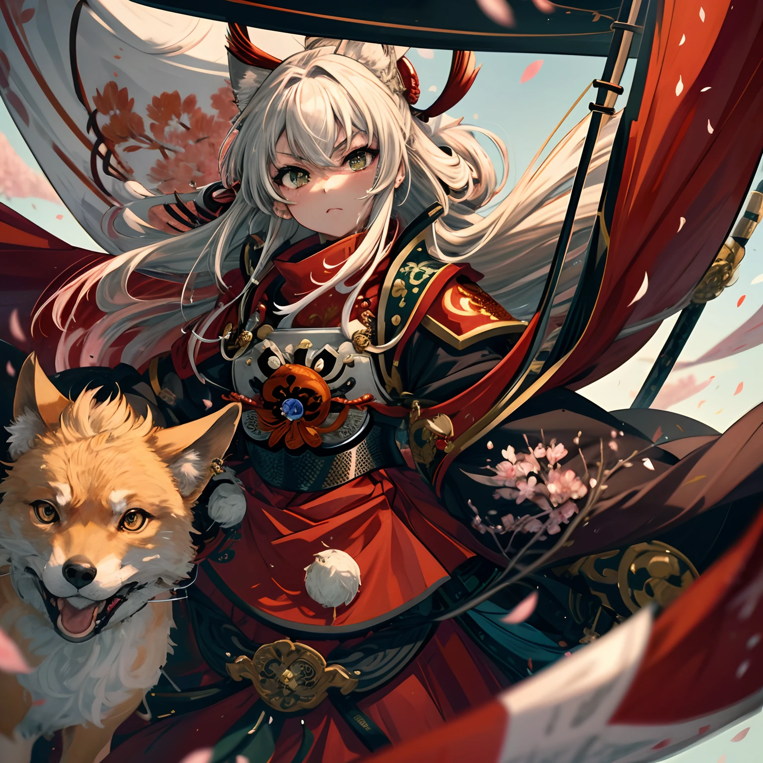 The cutest and noble fox samurai warrior, green eyes, highly detailed red samurai armor with mounted sashimono war flag, tattoos and piercings, cherry blossoms blowing in the wind, sengoku battle, perfect masterpiece, high quality, high resolution