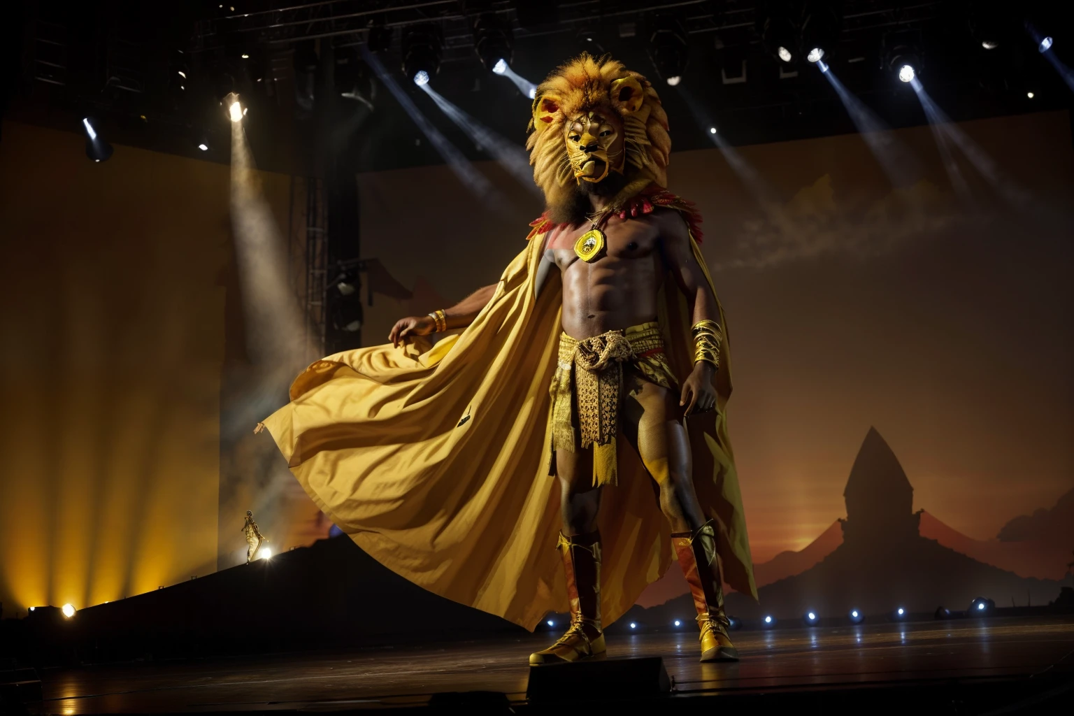 African man dressed as a lion on stage with a yellow cape, The Lion King, by Scott M. Fischer, 1786560639, Simba, Press photos, by Robert Medley, 1930897407, 4237549348