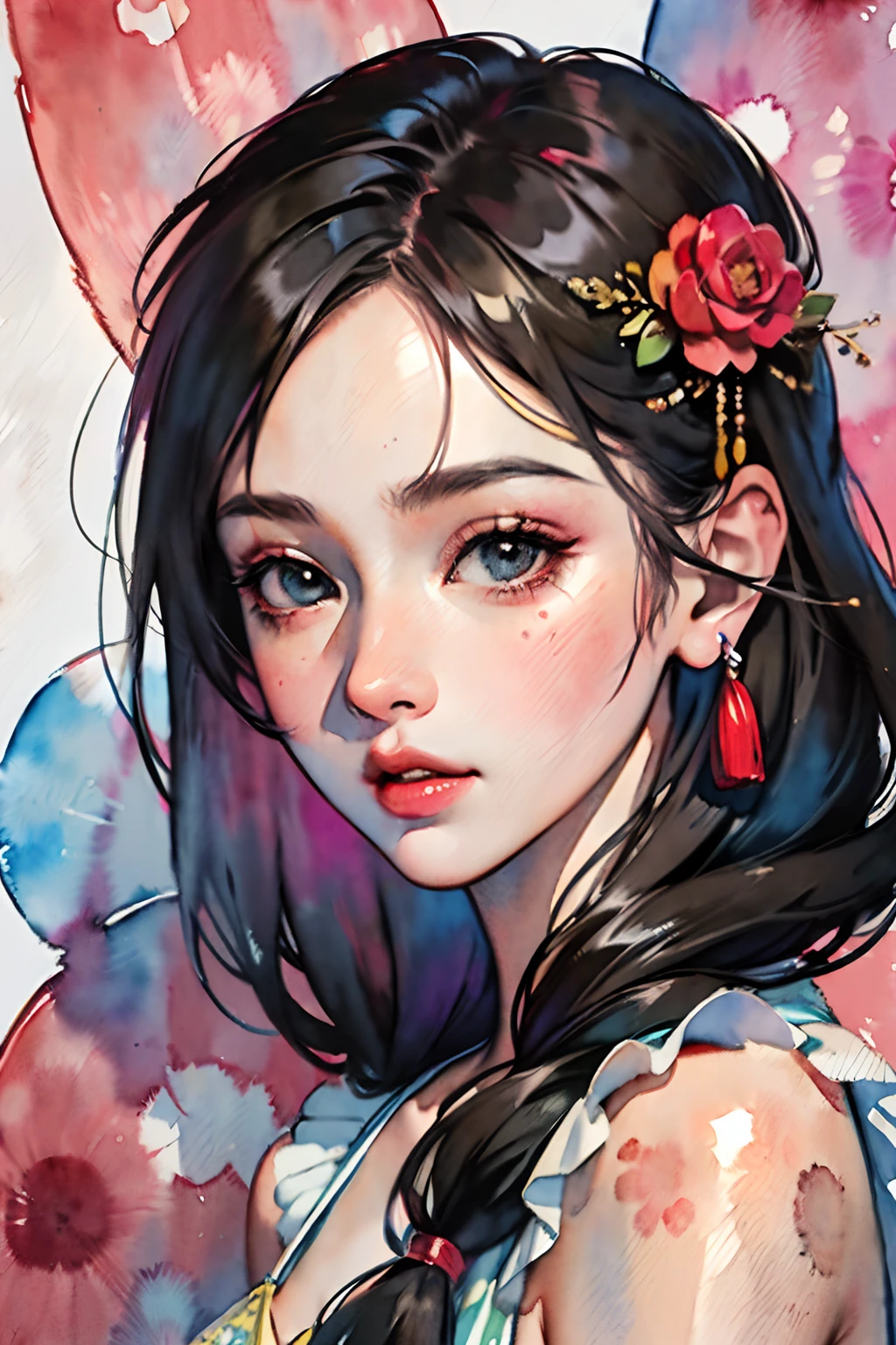 (best quality:1.2, ultra-detailed, realistic, photorealistic:1.37), solo, 1 girl, casual, ukiyo-e, (watercolor:1.3), Oiran