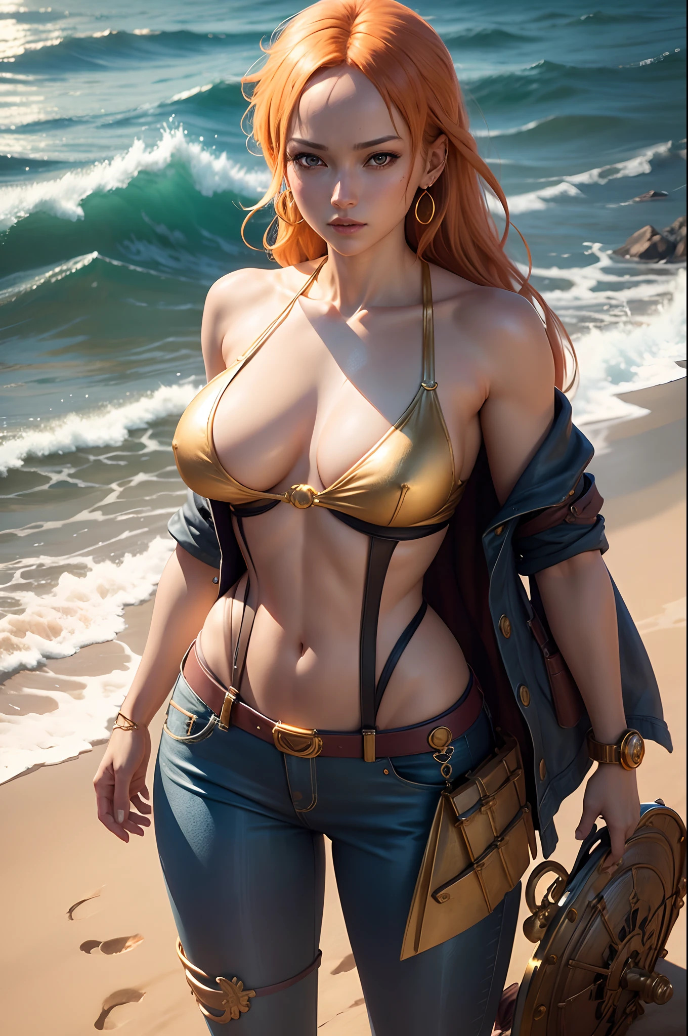 extremely beautiful nami (one piece), nsfw, subtle makeup, golden hour, photorealistic, high contrast, 8k HD, detailed, hyper-detailed, realistic skin texture, orange long hair, bikini top only, blue pants, large breast, best quality, ultra high res, raw photo, dramatic lighting, unreal engine, diffuse glow, outdoor, realistic detailed onep piece pirate ship, treasure chest, gold, gold coins, gold bars.
