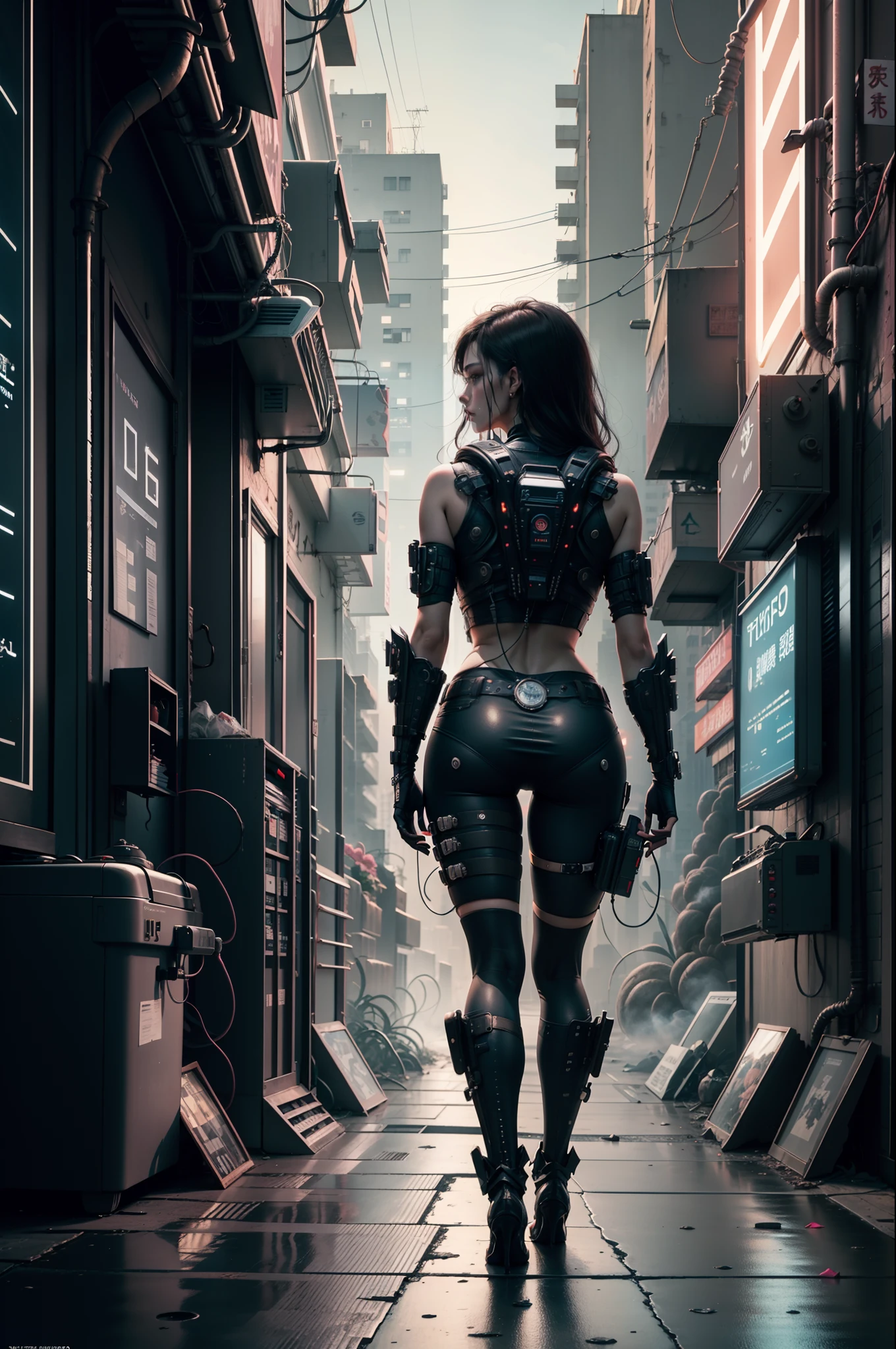 Rua de Hong Kong, Cyberpunk, Vapor Punk, uma mulher, from the back, looking at the skyscrapers, longamente, Centrado, medium distance, Chovendo, (extremamente detalhado:1.2), (intricate neon slums in the background:1.1), hiper-detalhado, (soft lighting:1.2), high resolution, filmic grain, ray tracing, master part, 8k, .RAW.