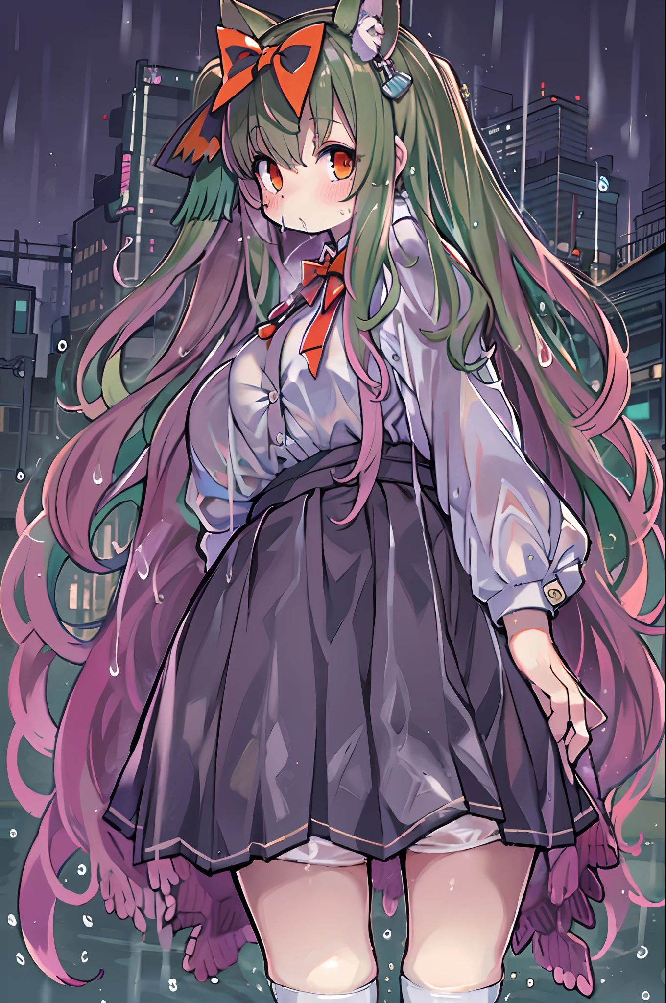 Best Quality, hight resolution, absurderes, Ultra-detailed, Suzuya_(kancolle), 1girl in, long_hair, Skirt, Solo, Shirt, Rain, Wet_Clothes, hair_ornament detached, Wet, Underwear, pleats_Skirt, See-through, bowtie, Red_Bow、bbw、thick thight、big butts、Ultramammy