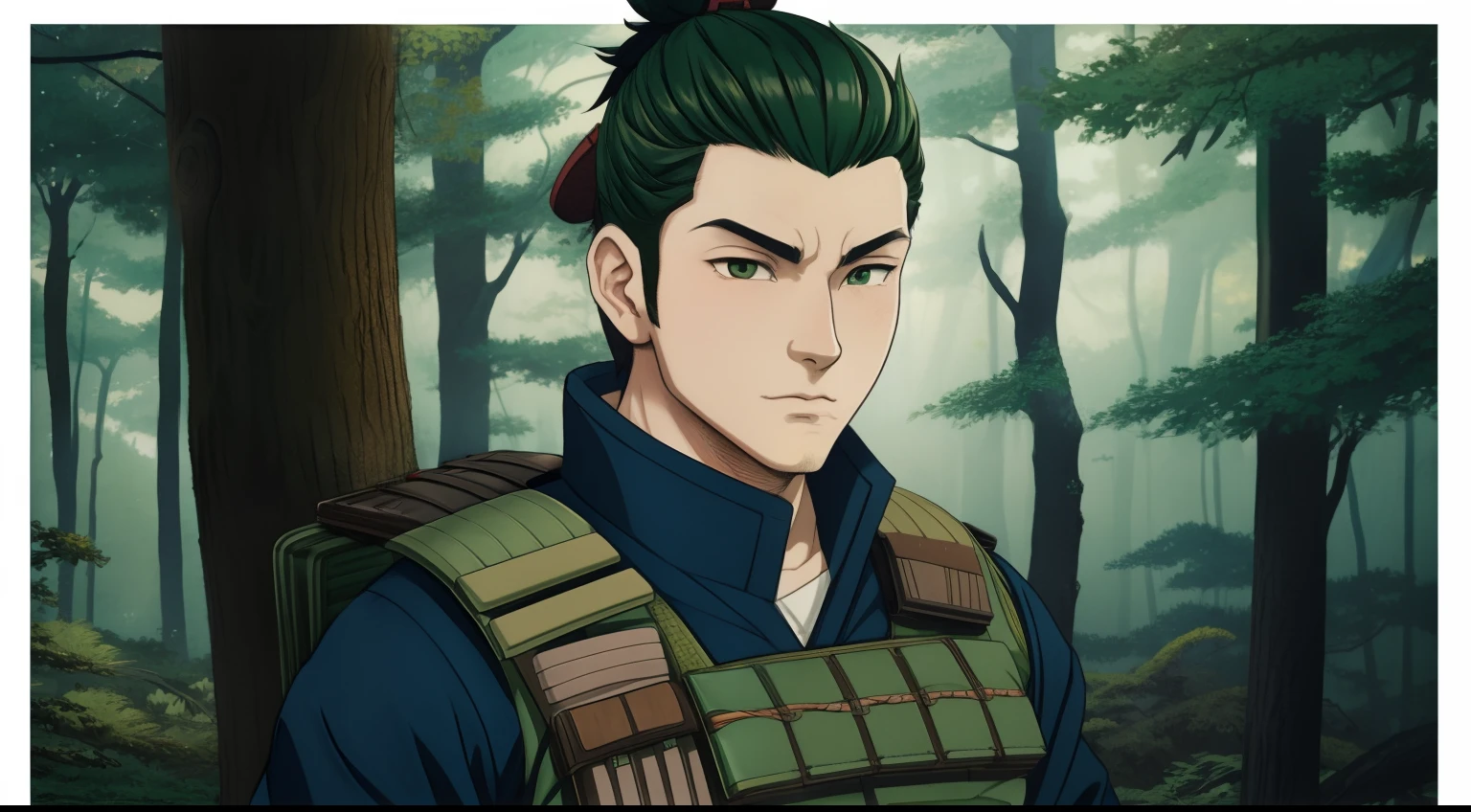 Ukiyo-e, young male, forest, teenage, screensaver, caucassian masculine square face, green dark hair, cargo pants, best quality, armoured vest