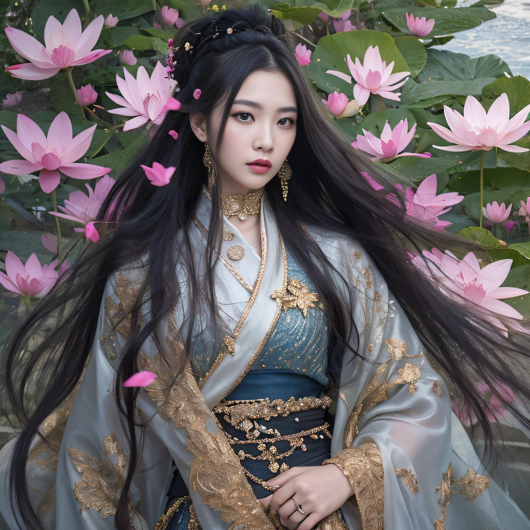 32K（tmasterpiece，k hd，hyper HD，32K）Long flowing black hair，ponds，zydink， a color， Aozhou people （Concubine girl）， （Purple silk scarf）， Combat posture， looking at the ground， long whitr hair， Floating hair， Carp pattern headdress， Chinese long-sleeved clothing， （Abstract gouache splash：1.2）， Pink petal background，Pink and white lotus flowers fly（realisticlying：1.4），Black color hair，Fallen leaves flutter，The background is pure， A high resolution， the detail， RAW photogr， Sharp Re， Nikon D850 Film Stock Photo by Jefferies Lee 4 Kodak Portra 400 Camera F1.6 shots, Rich colors, ultra-realistic vivid textures, Dramatic lighting, Unreal Engine Art Station Trend, cinestir 800，Long flowing black hair，Denim skirt