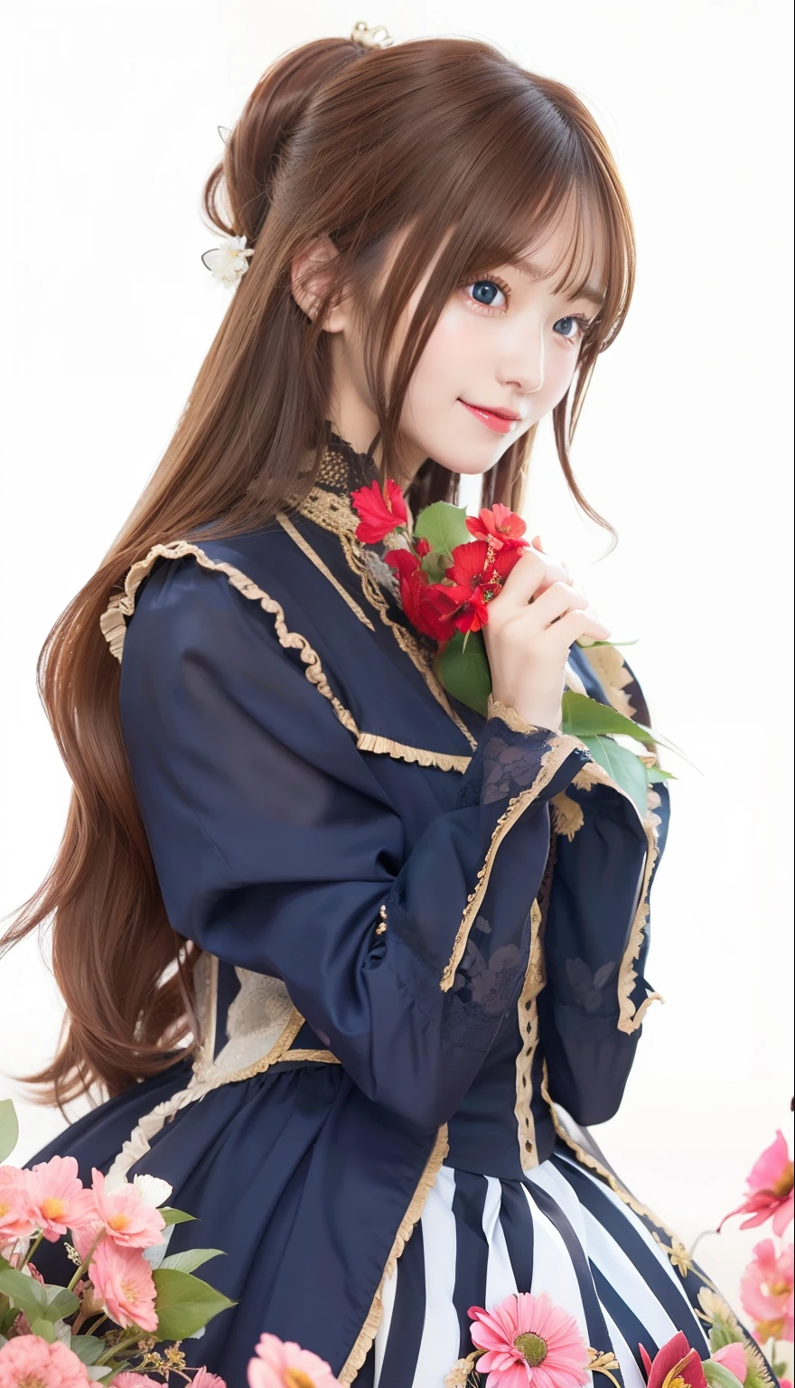 1girl, Lilyan york, manhwa, Brown hair, blue eyes, realistic, ultra detail, 70mm lens, smiles, holds flower red