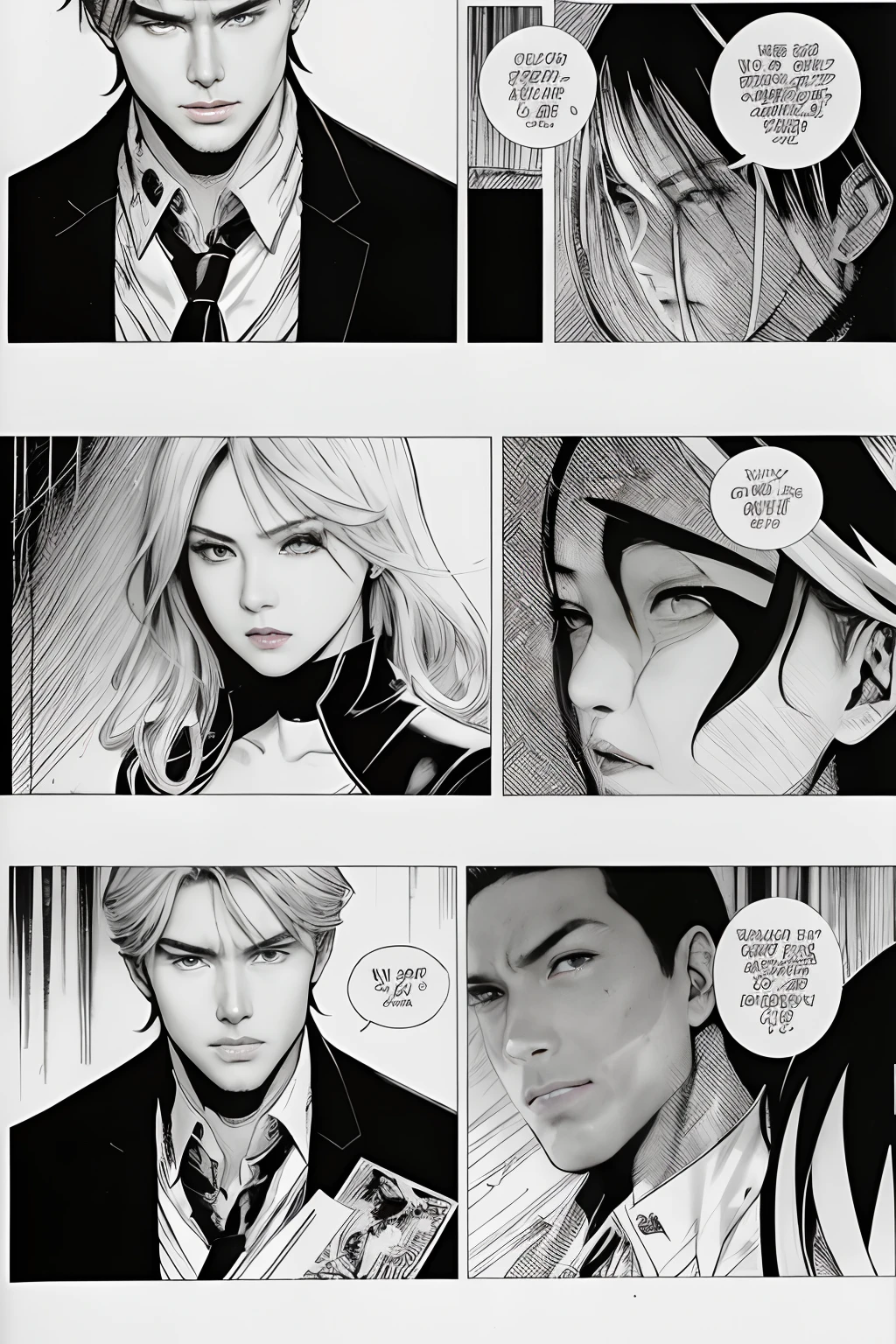 Close-up of a comic book with a man and a woman, Black and white manga page, Black and white manga comics, Black and white manga panel, Black and white manga style, Black and white manga, Hajime Isayama Style, Edmund Blair and Charlie Bauer, akehiko inoue and ross tran, Jin Shan and Ross Tran, Manga scans