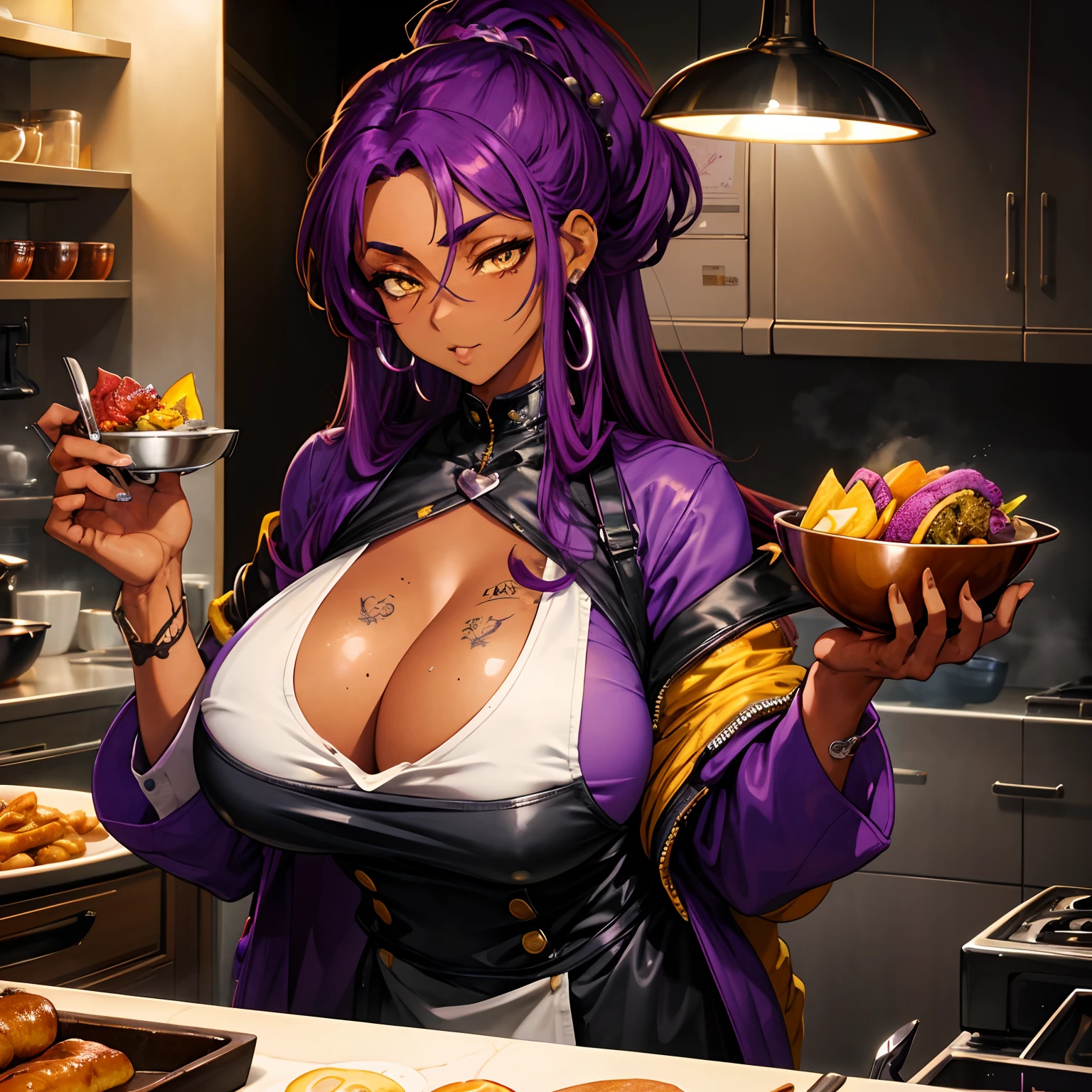 The most beautiful and sexy gourmet chef, purple hair, yellow eyes, dark skin, wearing a stylish chef coat, huge gigantic tits, cleavage showing, tattoos and piercings, pristine kitchen, highly detailed background, perfect masterpiece, high quality, high resolution