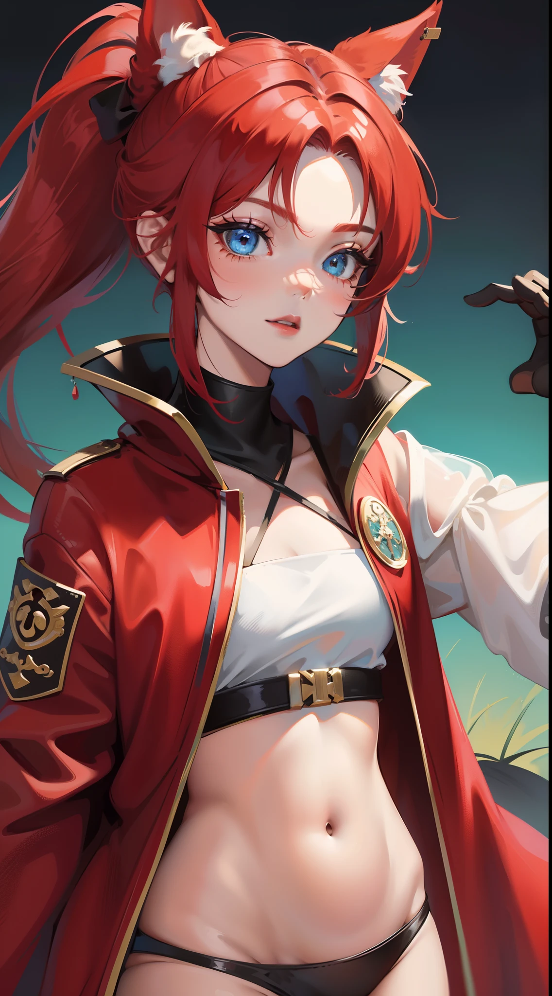 young girl, short red hair, high ponytail, Cyan eyes, Red Old Slavonic robe, open belly, ssmile, Fox ears, Fox tails, Masterpiece, hiquality, high detail, HD, 4k