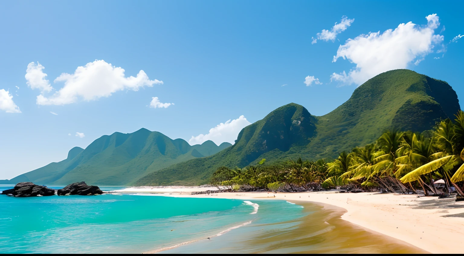 coastline、Curved beach、blue-sky、uninhabited island、There are no people、There are no buildings、Rough vegetation、Long stretching sandy beach