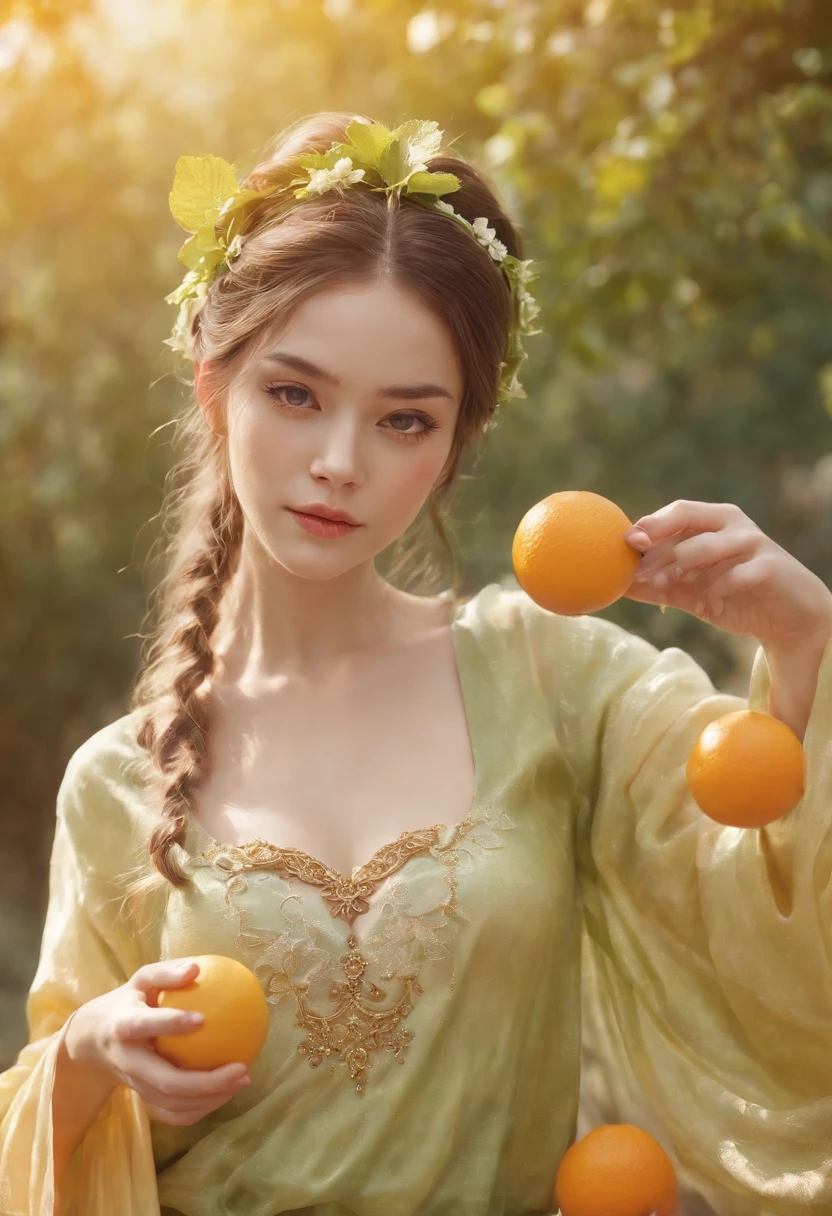 (超高分辨率,Best quality), (8K, Best quality, Masterpiece), ((NSFW)),Best quality, Masterpiece, illustration,CG ,Unity ,the wallpaper, offcial art, Amazing, finedetail, An extremely delicate and beautiful,Extremely detailed, Highly detailed, Sharp focus,Rich background,The background is blurred out, ((Small breasts)) The robe sparkles like citrus fruits, This banshee wields the power of oranges, lemons, and limes. She has a glowing sphere at the top of her staff,The color can be changed, Like the shadow change of the sunset on an orchard. Her hair was combed into intricate braids,It is decorated with citrus slices, Her eyes sparkled like freshly squeezed juice,Upper body