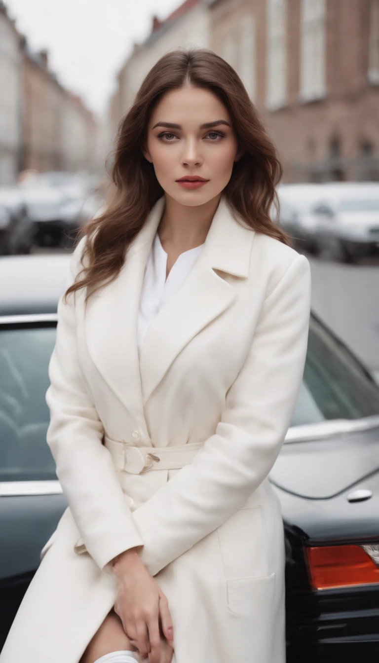 Woman standing in the car，Wearing a white coat and white skirt, Jessica DeRosin's style, Nome Core, Fritz Henle, The attention to detail, Elina Karimova, Winmel Beard, Photo