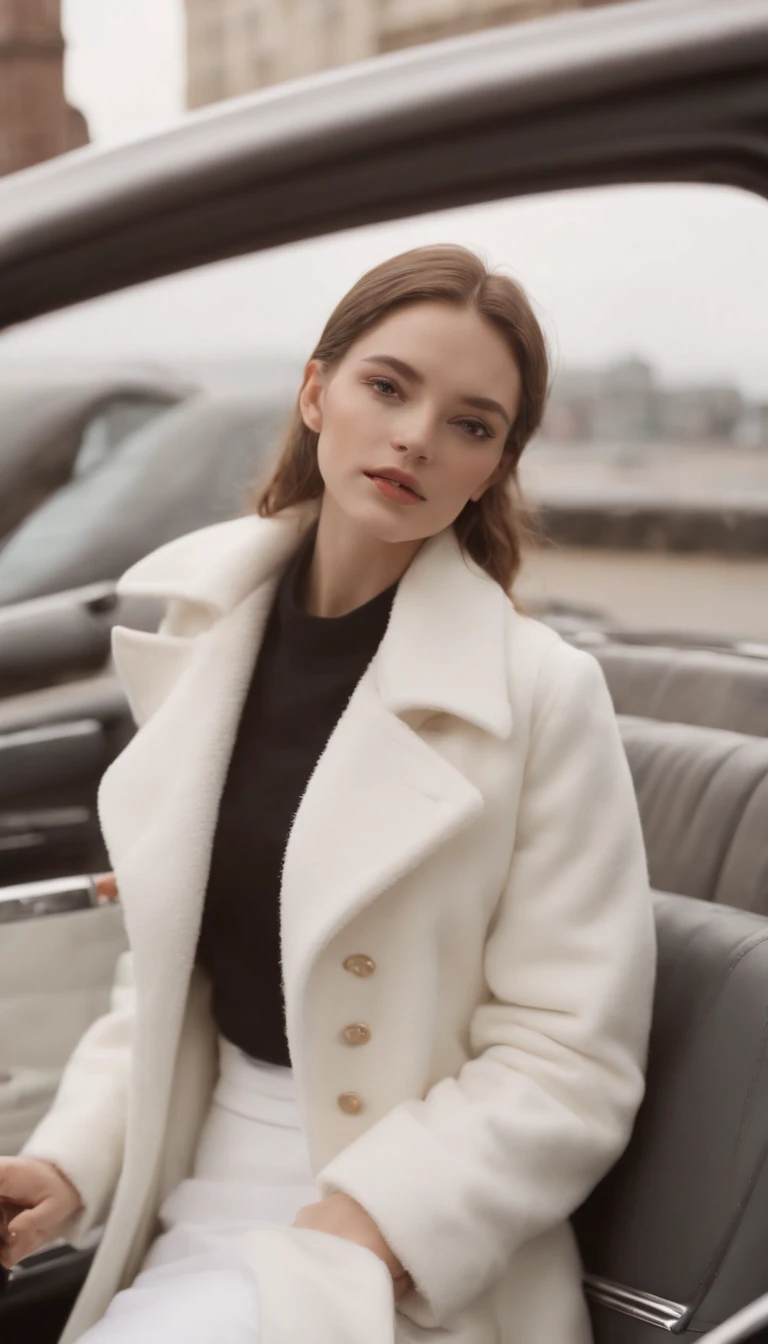 Woman standing in the car，Wearing a white coat and white skirt, Jessica DeRosin's style, Nome Core, Fritz Henle, The attention to detail, Elina Karimova, Winmel Beard, Photo
