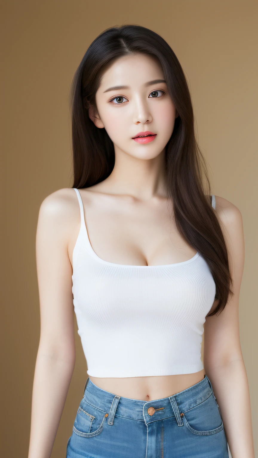 Mio Imada、serious face、Upper body、big breasts、White Mini Dress、Plump body、chest emphasis、plump thighs、fleshy upper arms